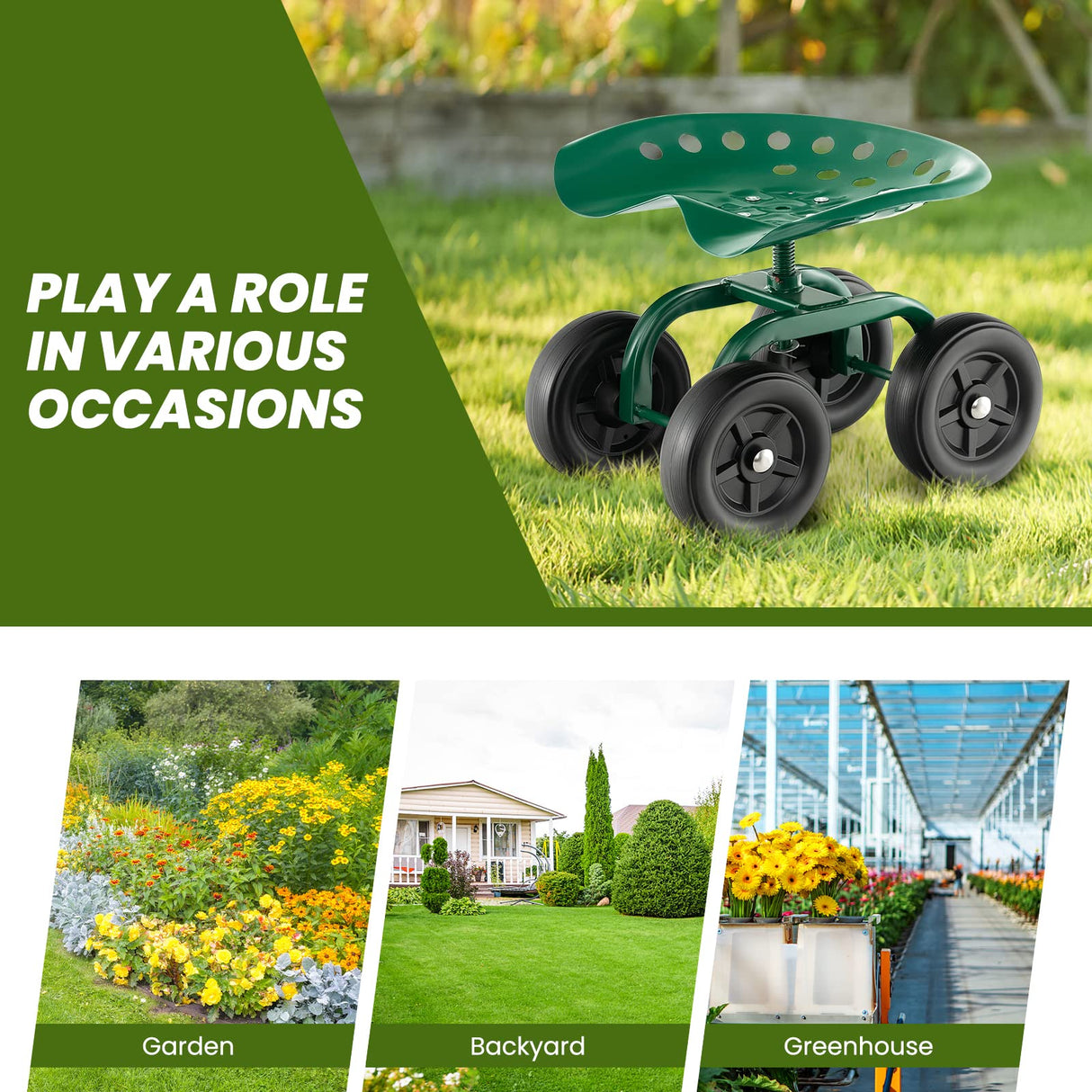 Toolsempire Garden Cart with Seat, Heavy-Duty Rolling Outdoor Wagon Scooter w/Height Adjustable & 360° Swivel Seat, Gardening Work Seat Stool, Patio Scooter on Wheels for Lawn Yard Planting (Green)