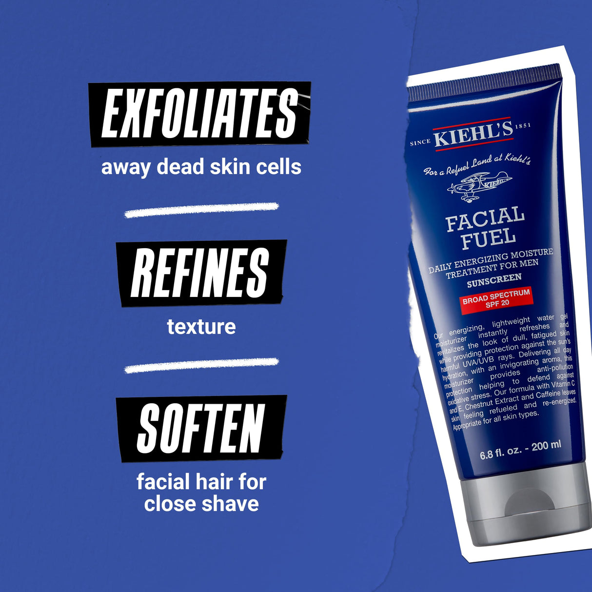 Kiehl's Facial Fuel Moisturizer with SPF 20 for Men, Energizing Face Moisturizer for Dull Skin, Non-Greasy Feel, Hydrating Lotion & Broad Spectrum Sunscreen, with Caffeine & Vitamin C - 6.8 fl oz