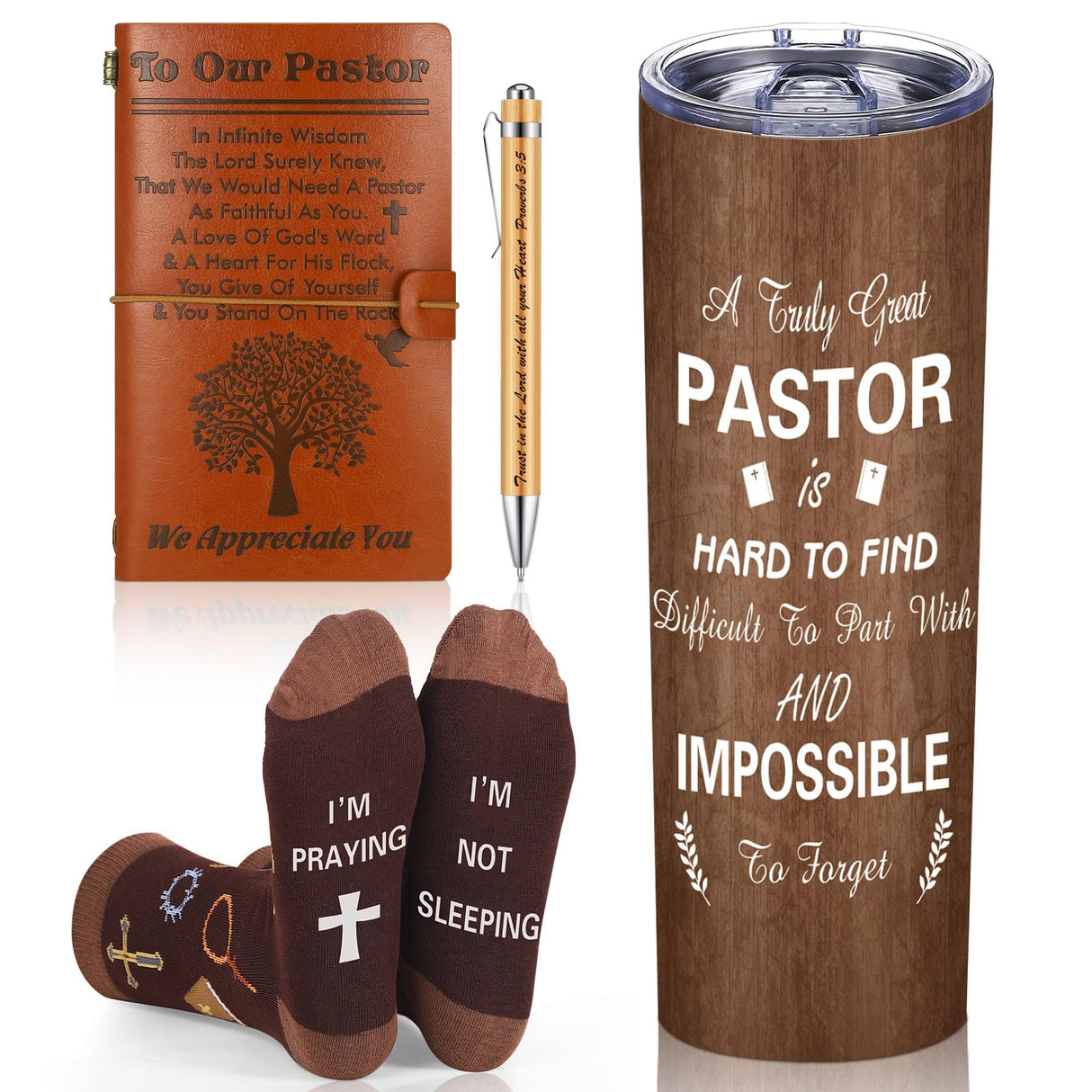 Skylety 4 Pcs Christmas Pastor Appreciation Gifts Set Pastor Refillable Journal Ordained Minister 20 oz Stainless Steel Cup Priest Socks Clergy Pen for Christmas Church Birthday Gifts