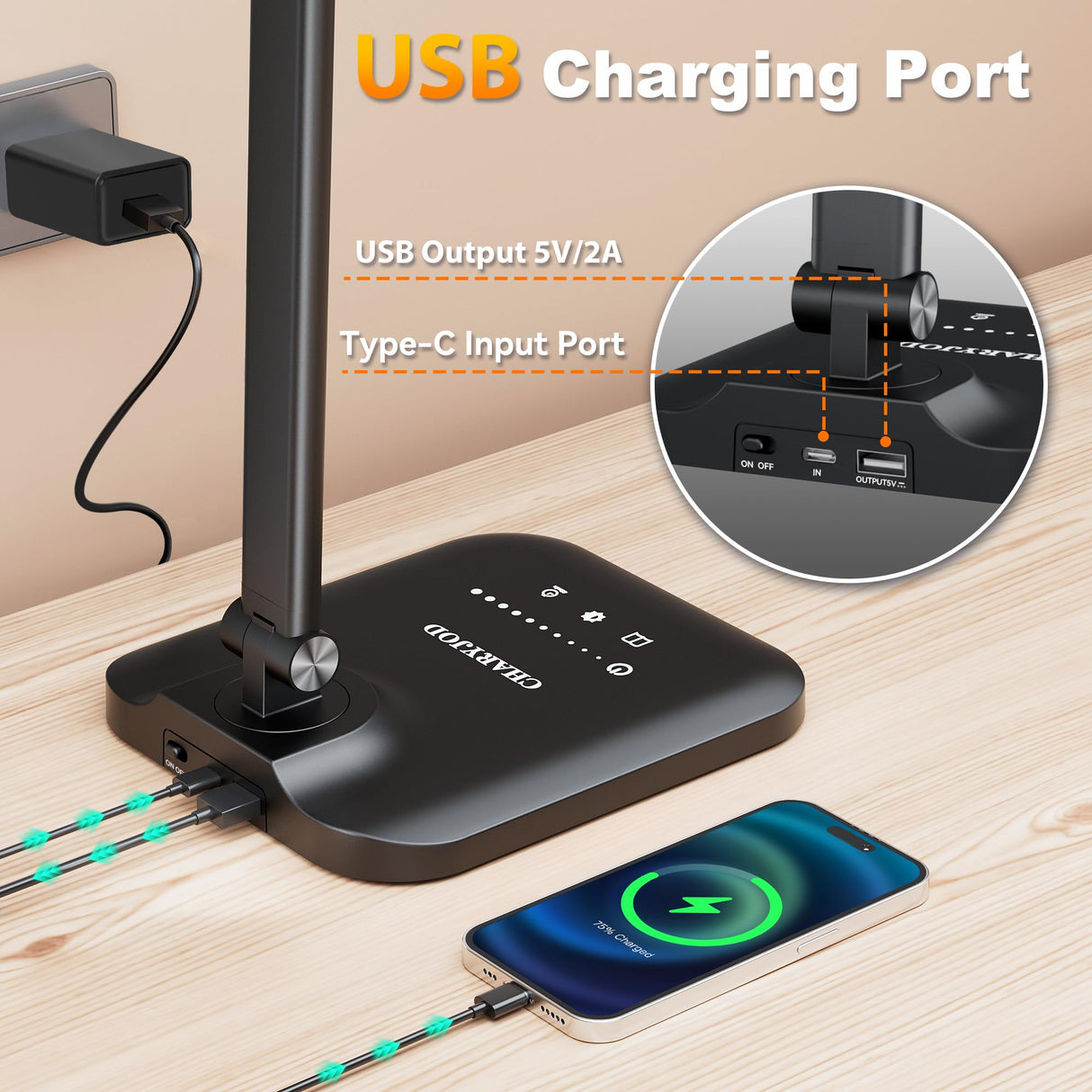 CHARYJOD LED Desk Lamp for Office Home, Height Adjustable Architect Desk Light with USB Adapter, Stepless Dimming Desk Lamp Light for Reading, Study, Workbench