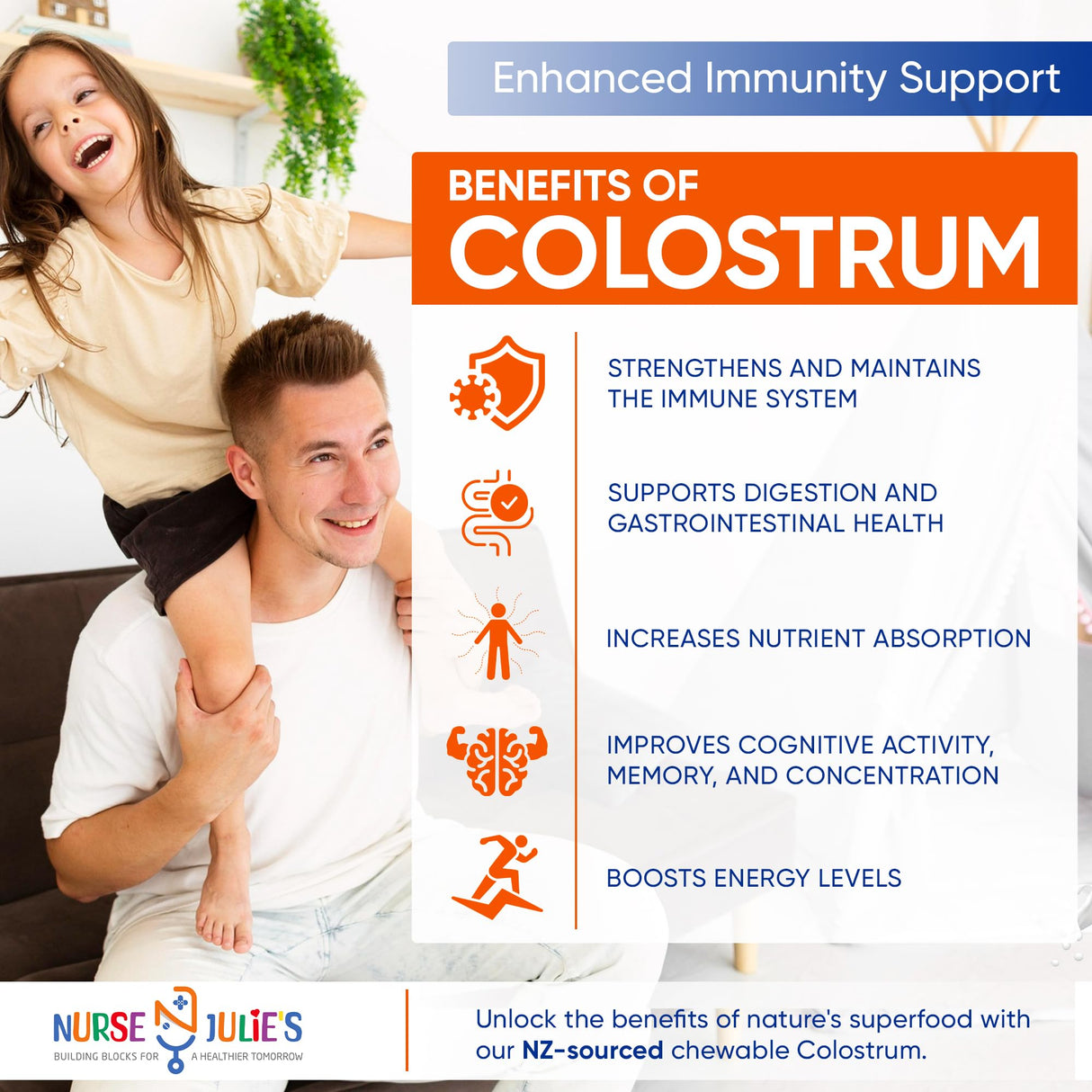 Nurse Julie's Chewable Colostrum Tablets for Kids - 100% Grassfed New Zealand Colostrum - Immune Support, Gut Health in Children - 60 Tablets - 2 Month Supply