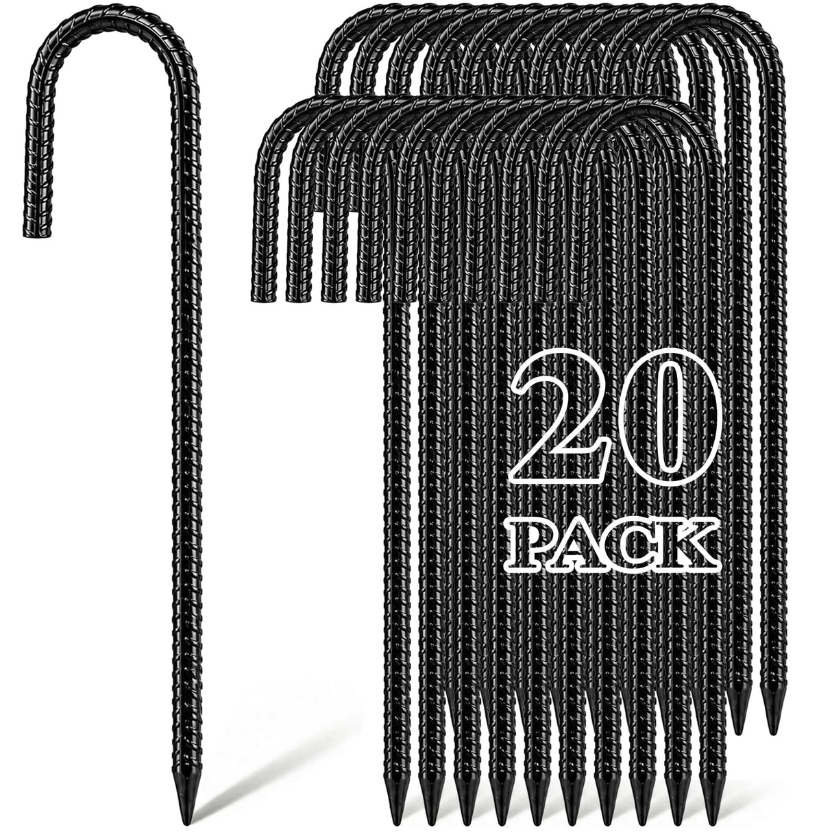 Hacaroa 20 Pack 12 Inch Rebar Stakes Heavy Duty, J Hook Ground Anchors Metal Tent Stakes, Steel Garden Stake for Camping, Canopies, Chain Link Fences, Trampolines, Black