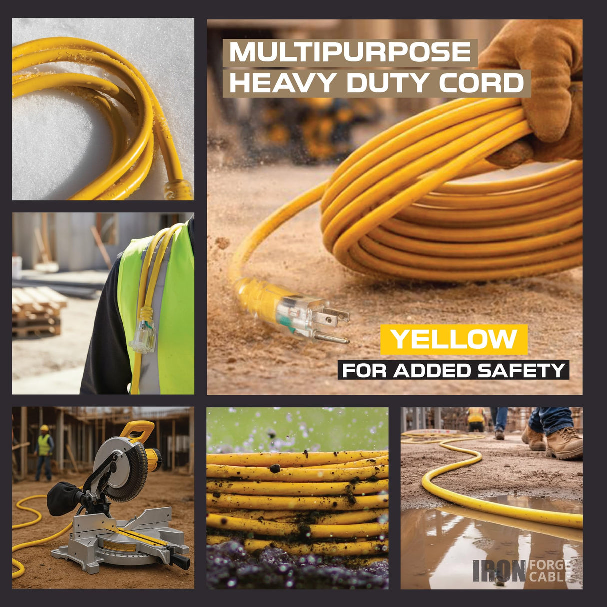 IRON FORGE CABLE 2 Pack of 10 Foot Outdoor Extension Cords - 12/3 SJTW Heavy Duty Lighted Yellow Extension Cable Set, 15 AMP