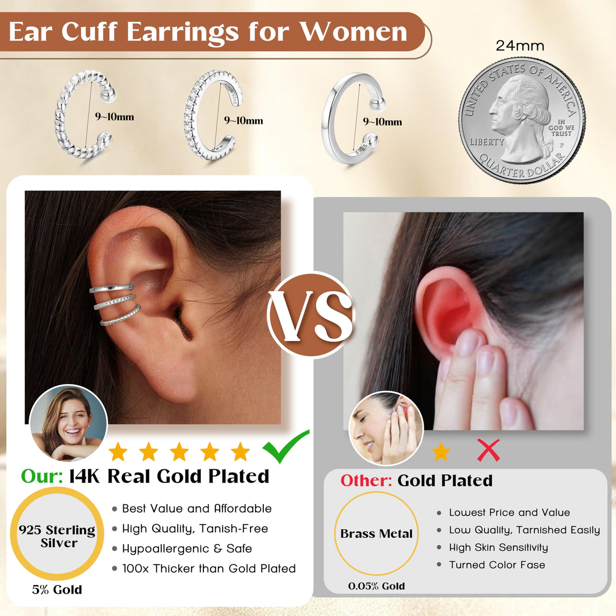 MILACOLATO 925 Sterling Silver Ear Cuffs for Women Non Piercing Earrings