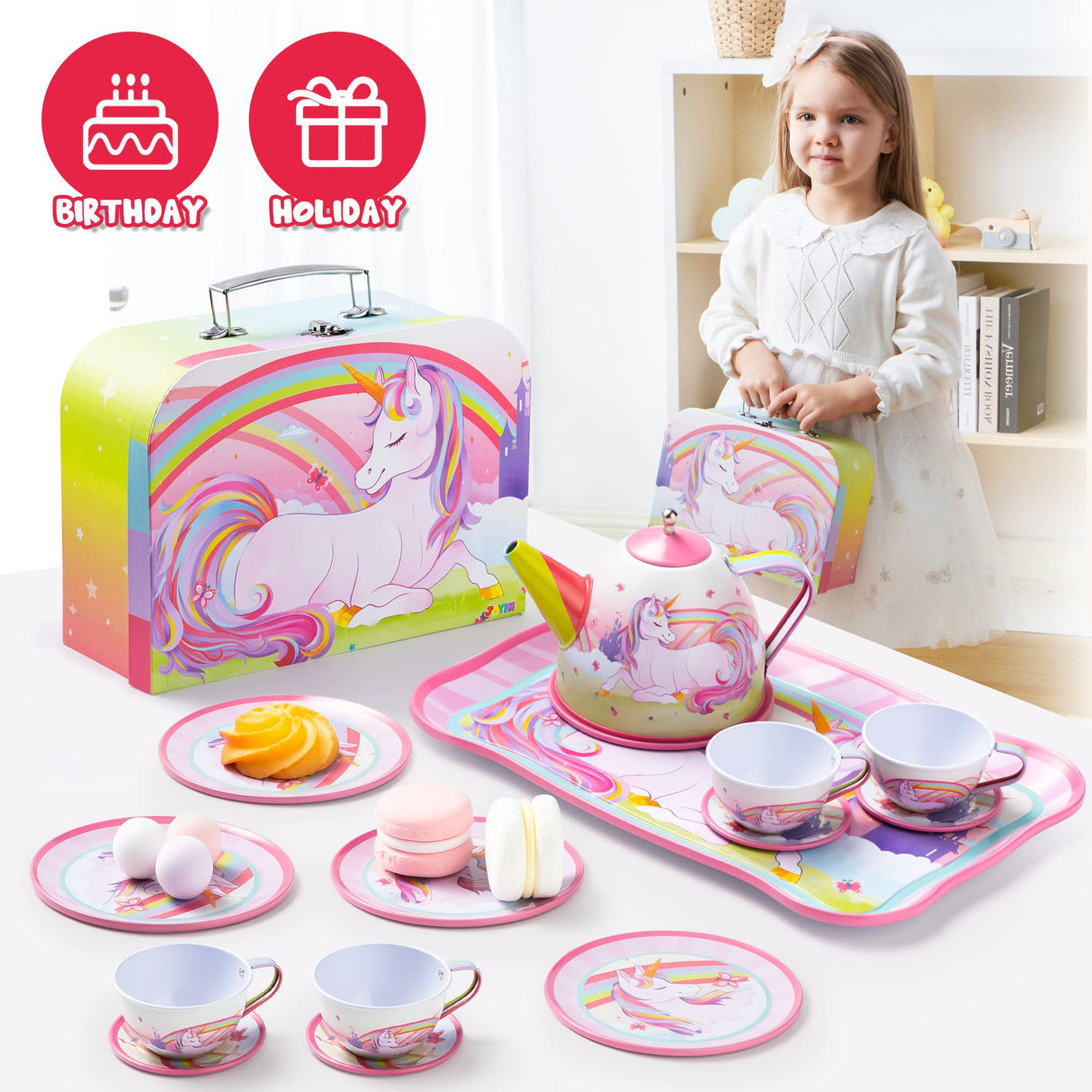 JOYIN Unicorn Tea Party Set for Little Girls, Pretend Pink Tin Teapot Set, Princess Tea Time Play Kitchen Toy with Teapot, Cup, Plate, Carrying Case for Kids Toddlers Age 3 4 5 6, Gift for Christmas