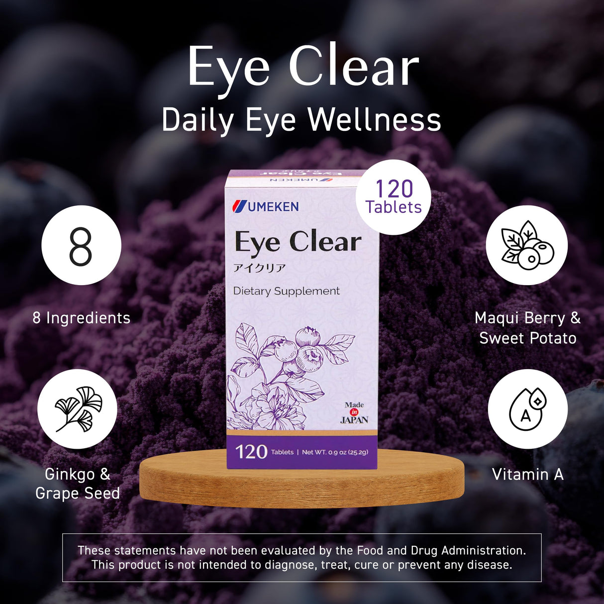 Umeken Eye Clear Dietary Supplement, Blueberry Extract, Lutein, Zeaxanthin, Ginkgo, Vision Supplements for Adults, Eye Vitamins, 2 Months Supply, 120 Tablets, Pack of 120
