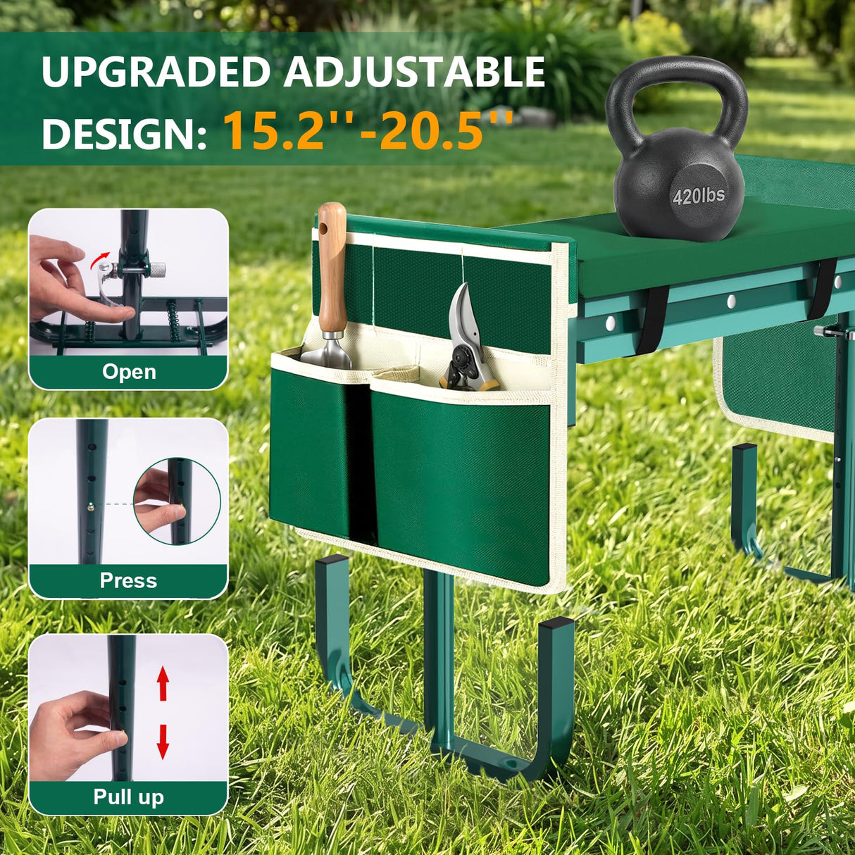 AUROPEAK 2-in-1 Garden Kneeler and Seat, Adjustable Garden Stool with Thickened Pad & Handles, 7-Level Height Adjustment, Foldable 420lbs with 2 Tool Bags for Seniors Gardening Outdoor Use