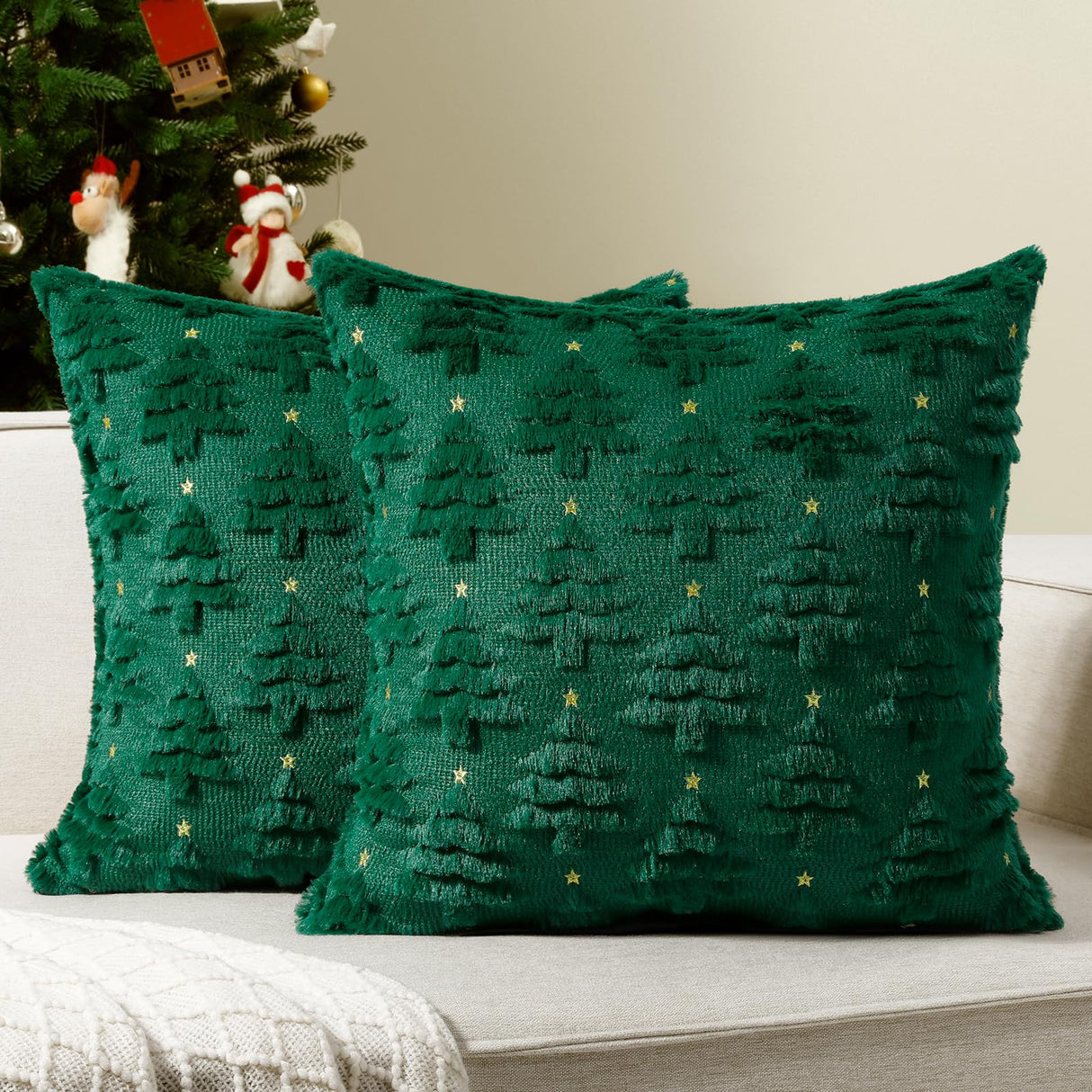 Softalker Christmas Throw Pillow Covers 22 x 22 Inch Set of 2, Xmas Winter Christmas Tree Faux Fur Cushion Covers, 3D Embroidered Pillow Cases for Couch Bedroom Living Room Decor, Green