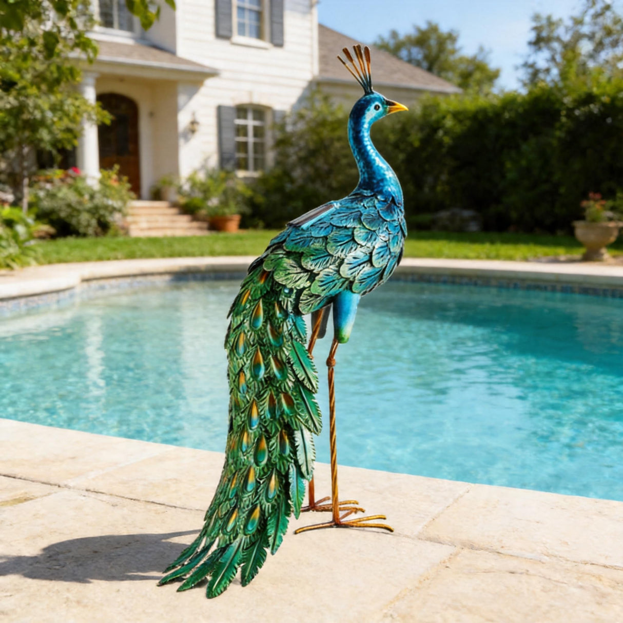 chisheen Outdoor Solar Peacock Decor Garden Statue Metal Yard Art Sculpture