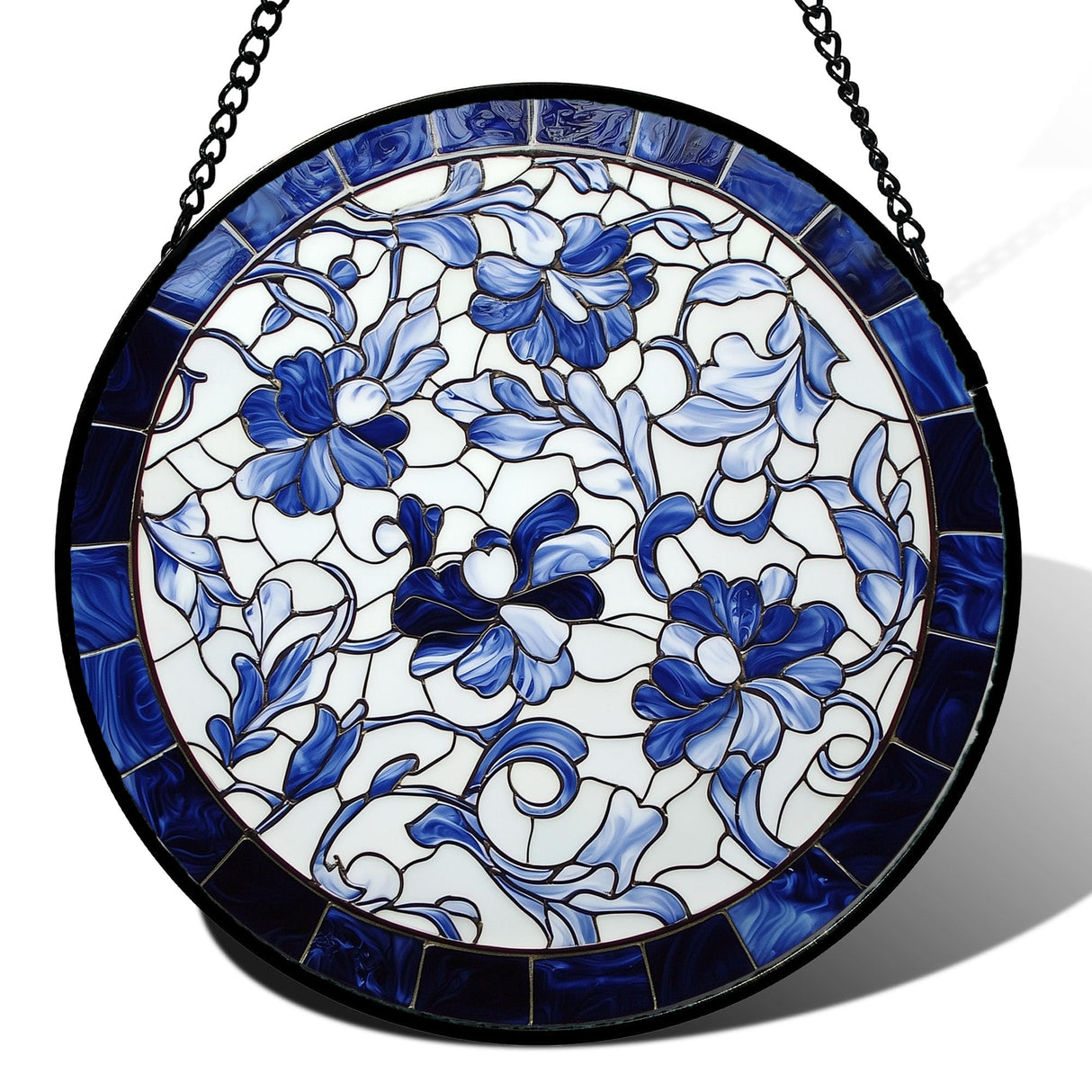 AMDERVEN Stained Glass Window Hanging, Blue and White Abstract Flowers Sun Catcher for Door Home Decor Suncatcher Christmas Mother's Day Birthday Gifts for Women Men Mom and Nana 9.8 in