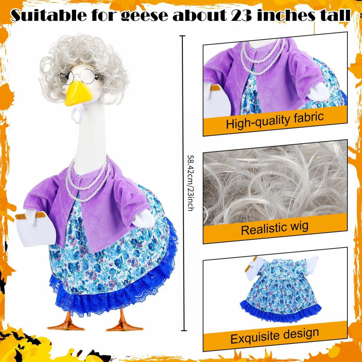 Karwuiio 5Pcs Old Lady Porch Goose Outfits Glasses Curly Wig Floral Print Dress Cardign and Pearl Necklace Set Garden Decor (Blue Floral, M)