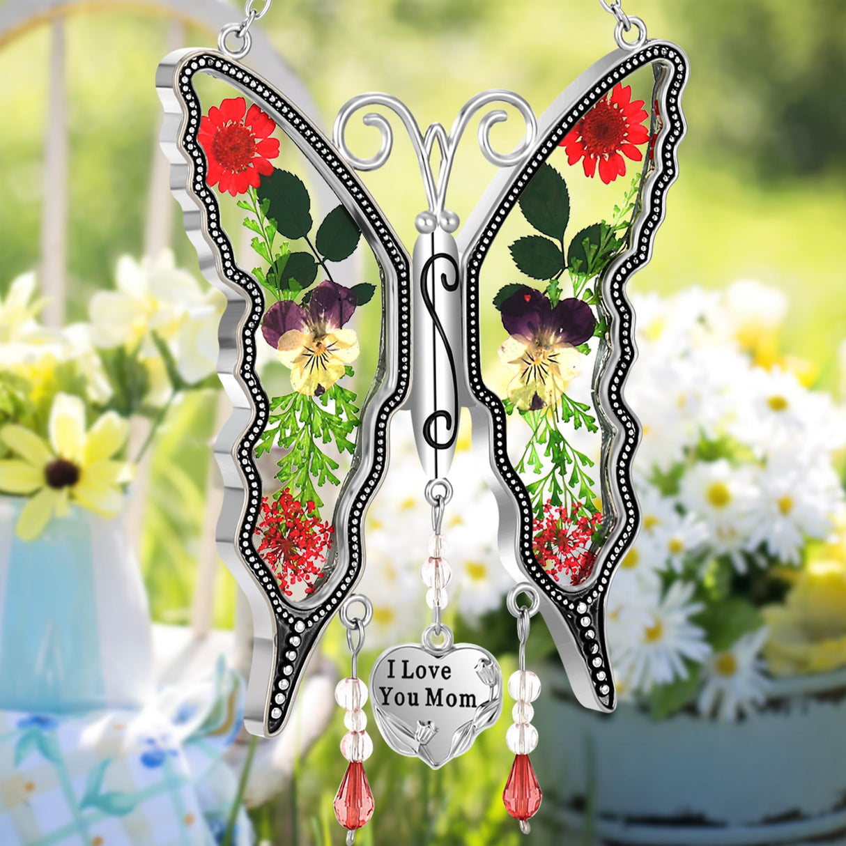 KY&BOSAM Butterfly Suncatcher Pressed Flower Stained Glass Window Hanging