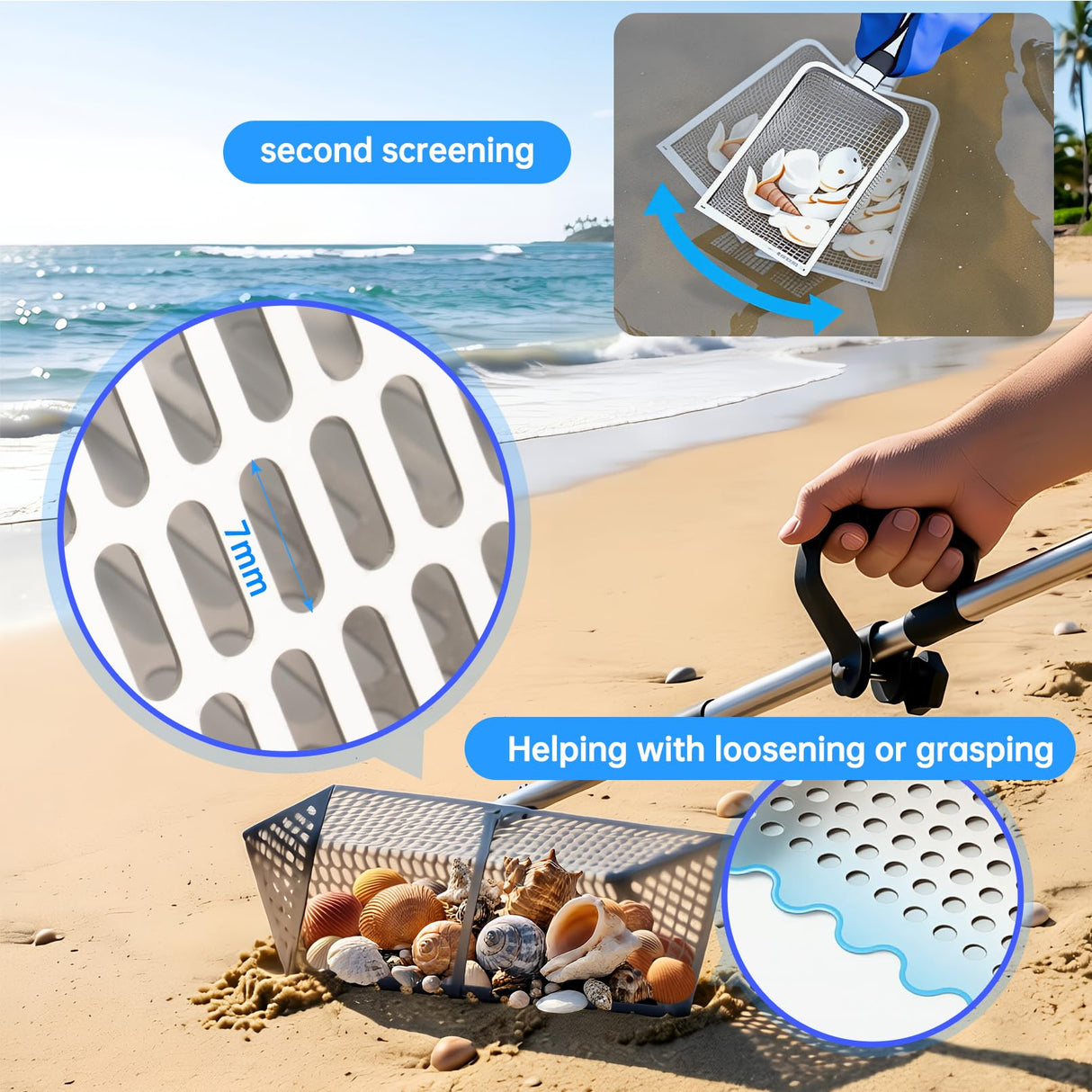Sand Flea Rake,Detachable Long Handle Sand Sifter with Stainless Steel Sand Scoop Shark Tooth Sifter and Beach gloves with 16-Inch-Wide Drainage Mesh for Finding Fleas,Shells Shark Teeth,Yard Cleaning