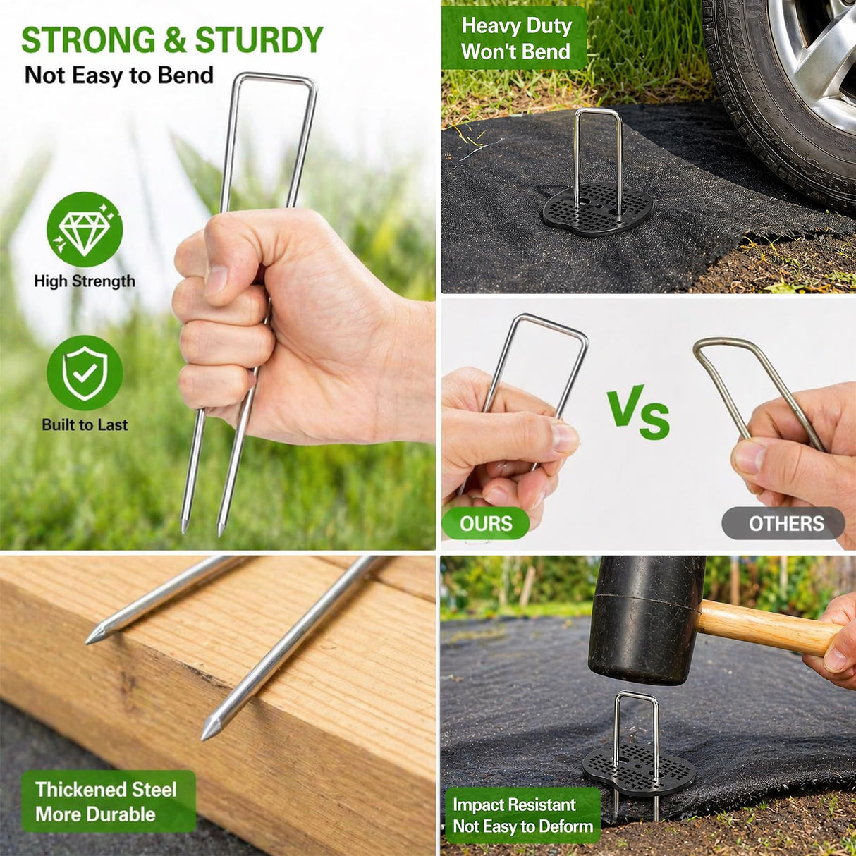 Garden Stakes,6 Inch 11 Gauge 100pcs Galvanized Landscape Staples + 100pcs Gaskets + 1Pick Hook, U-Shaped Heavy Duty Ground Stakes for Weed Barrier Fabric, Turf, Sod, Ground Cover