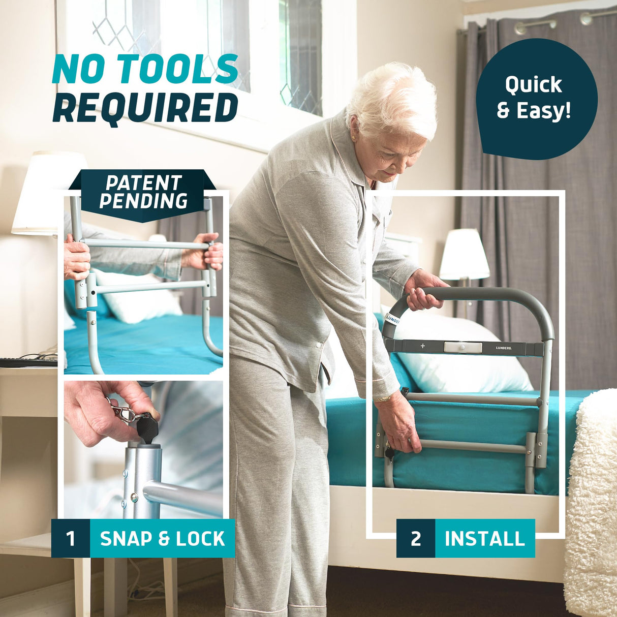 Lunderg Bed Rails for Elderly Adults Safety - Large - with Motion Light & Non-Slip Handle - Bed Railings for Seniors & Surgery Patients - The Cane Fits Any Bed & Makes Getting in & Out of Bed Easier