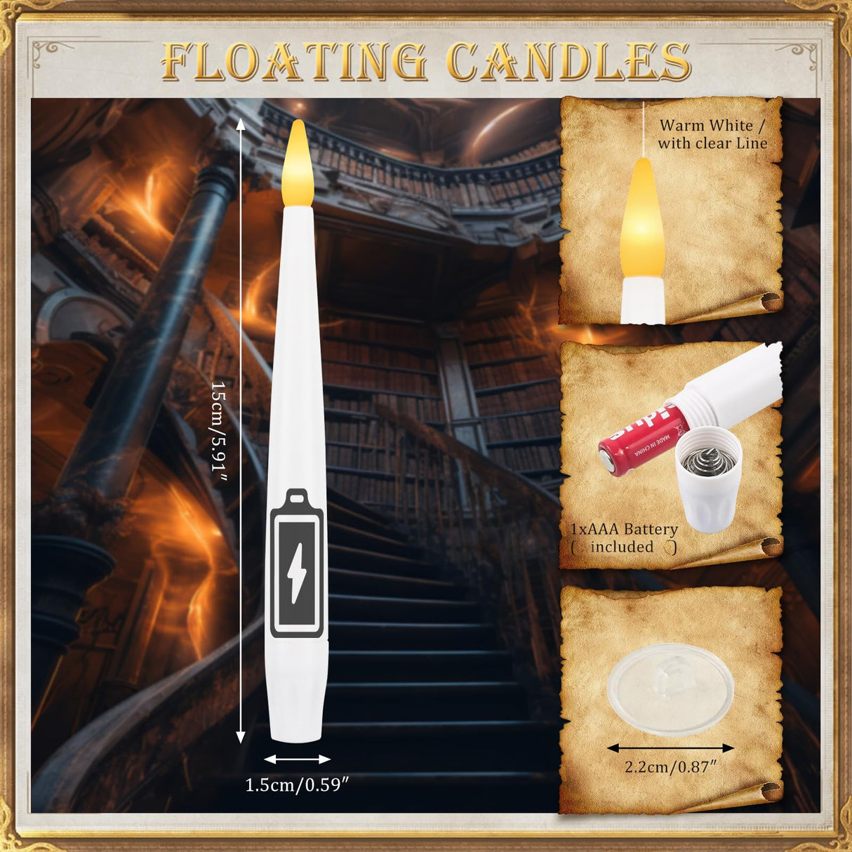 Sunjas 20 PCS Floating Candles with Wand LED Magic Hanging Candle Battery Operated Candle with 21 Batteries Include Flickering Warm Light Floating Candles for Christmas Halloween Decoration