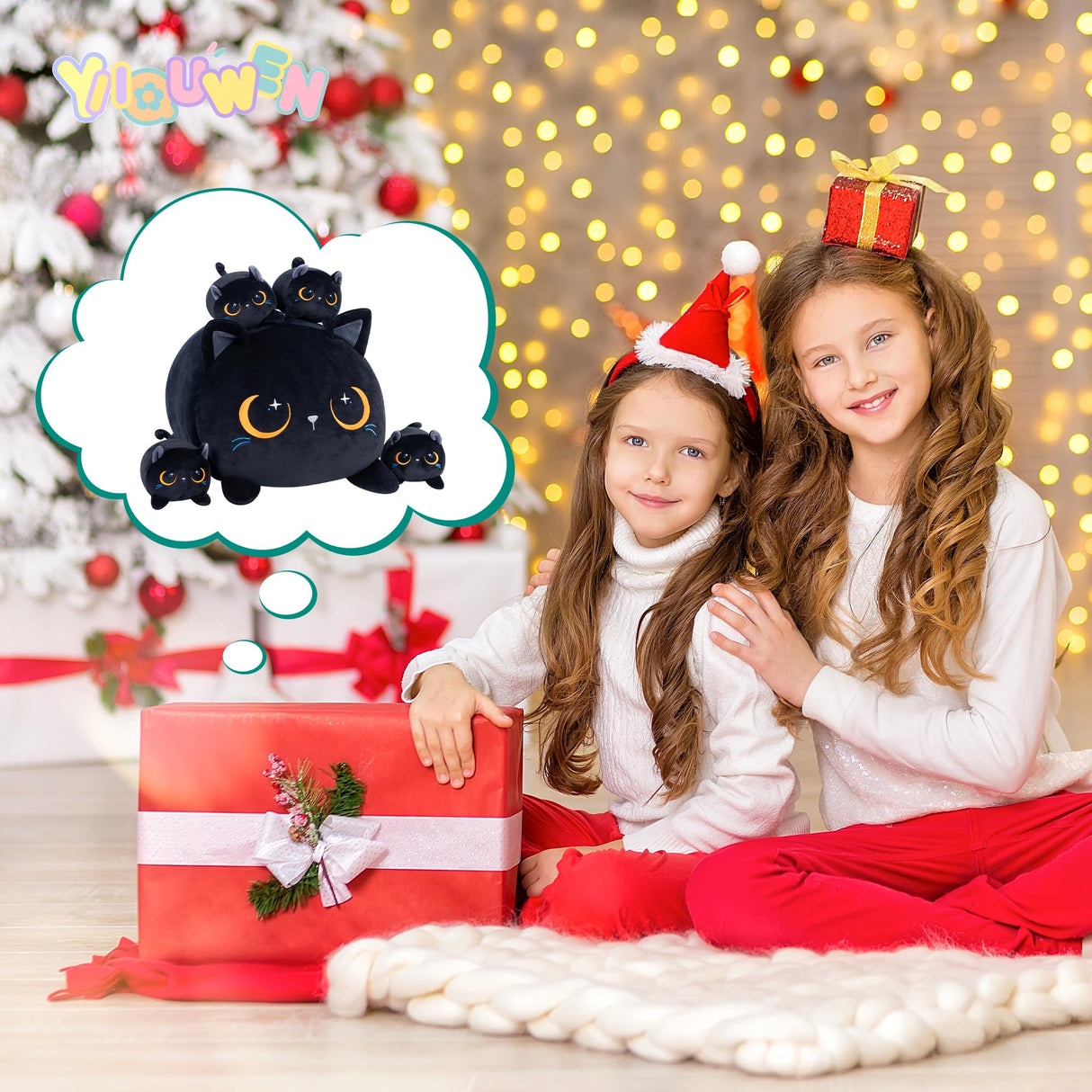 YIIQUWEN Black Cat Plush Cute Cat Stuffed Animal with 4 Baby Soft Pillow Christmas, Thanksgiving, Birthday Gift for Girls Boys Kids Decor