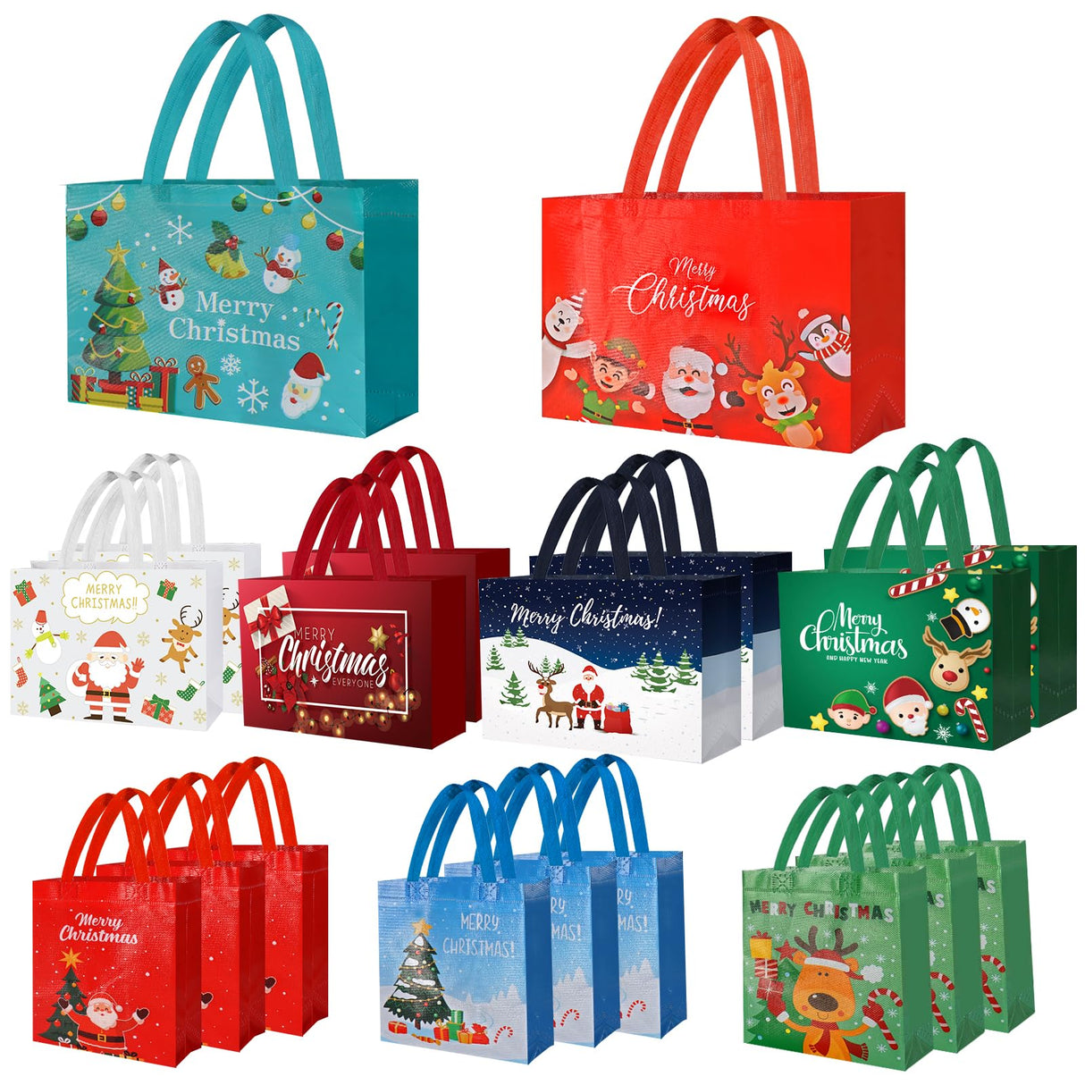 IPQXE 22 Pack Christmas Gift Bags Assorted Sizes- Reusable Tote Bags Non-Woven, Xmas Shopping Bags with Handles, for Christmas Treat Bags, Gifts Wrapping, Xmas Party Supplies 2 Large 8 Medium 12 Small