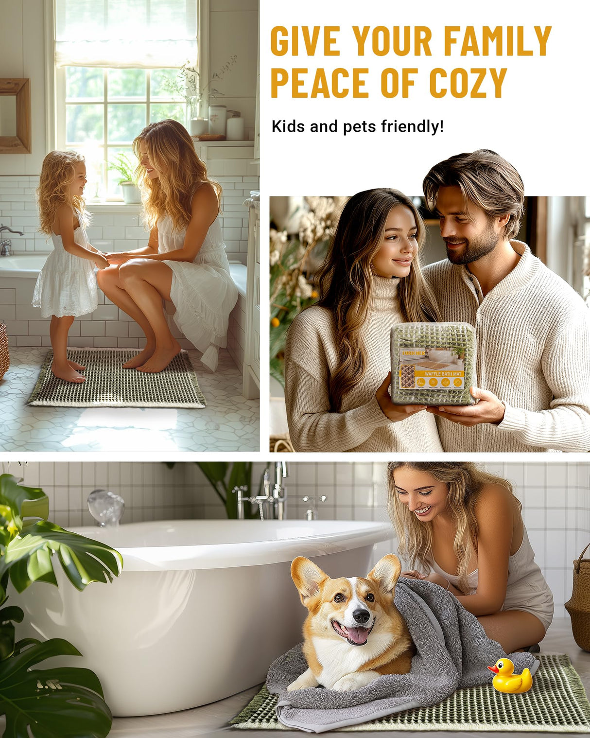 Large Waffle Bath Mat Set Non Slip, Ultra Absorbent Bath Mats for Christmas Bathroom Decor, Extra Soft Floor Bathroom Rugs Sets 2 Piece, Washable Bath Rugs Set, Green & White, 20"×47" and 16"×24"