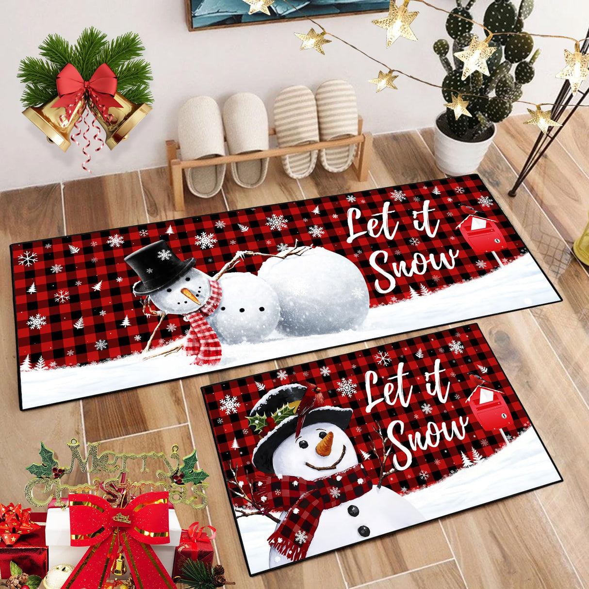 JWXCBIM Let It Snow Christmas Snowman Kitchen Rugs and Mats Set of 2, Buffalo Plaid Winter Snowflake Xmas Holiday Home Kitchen Decor Floor Mats, Washable Non-Slip Sink Carpet 17x30+17x47 Inches