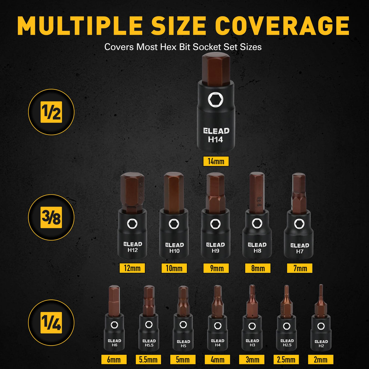 16-Piece Metric Hex Bit Socket Set - Premium S2 Steel 2mm-14mm Allen Socket Set with Socket Adapters, 1/4”, 3/8” and 1/2” Drive | Professional Mechanic Garage Tools