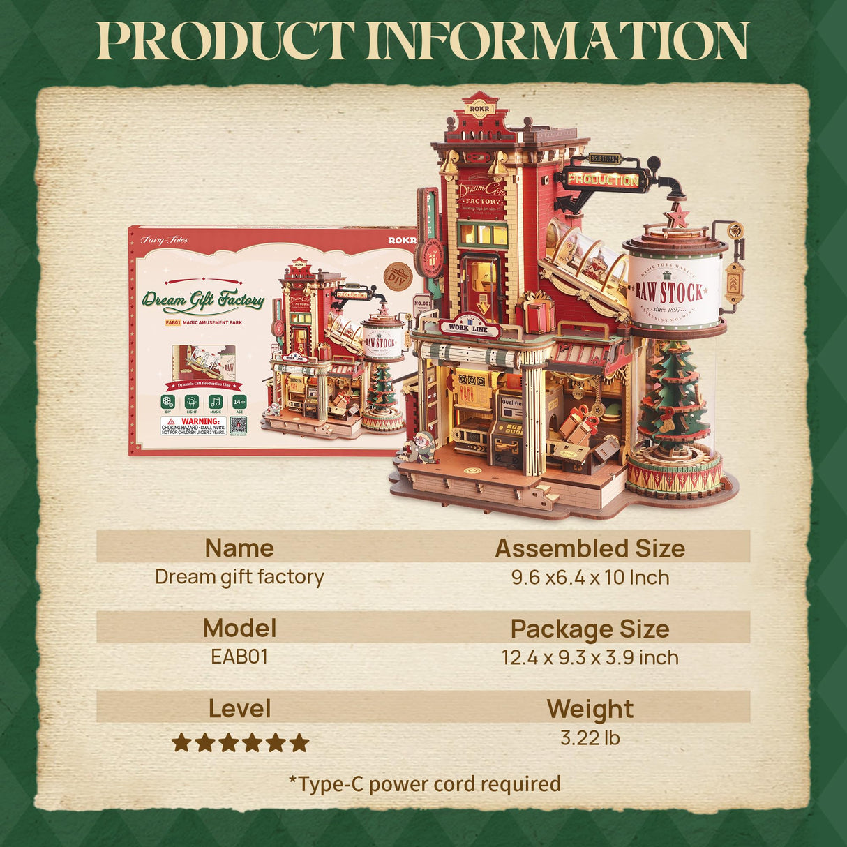 ROKR 3D Puzzle for Adults Christmas Style Dream Gift Factory Wooden Model Kit Luminous Factory DIY Dollhouse Kit Building with Music, Lights and 5 Elves for Adults