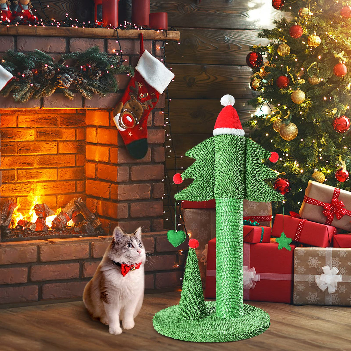 BOLUO Cat Scratching Post Tall Ceder Christmas Cat Trees for Adult Large Cats Scratcher Cute Toy Kitten Kitty Sisal Scratch with Teaser Ball Indoor Outdoor 31 inch
