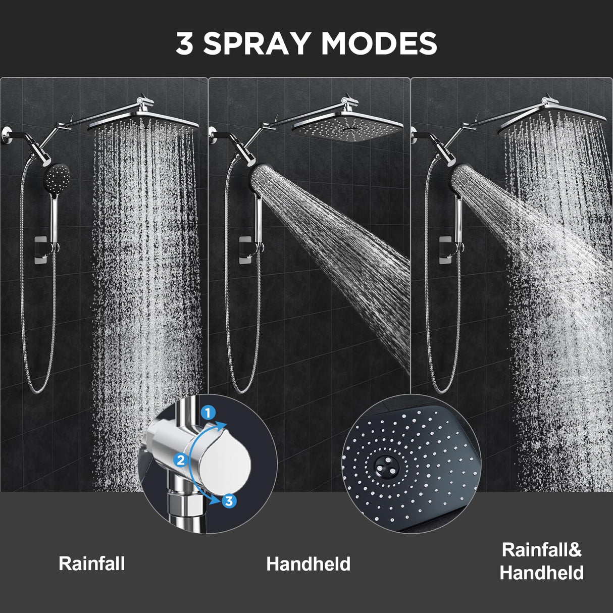Veken 11.8" Rain Shower Head with Handheld, High Pressure Handheld Shower with Multi Spray Modes, Rainfall Combo with Metal Extension Arm, Detachable Dual Showerhead, Bathroom Decor, Chrome Silver