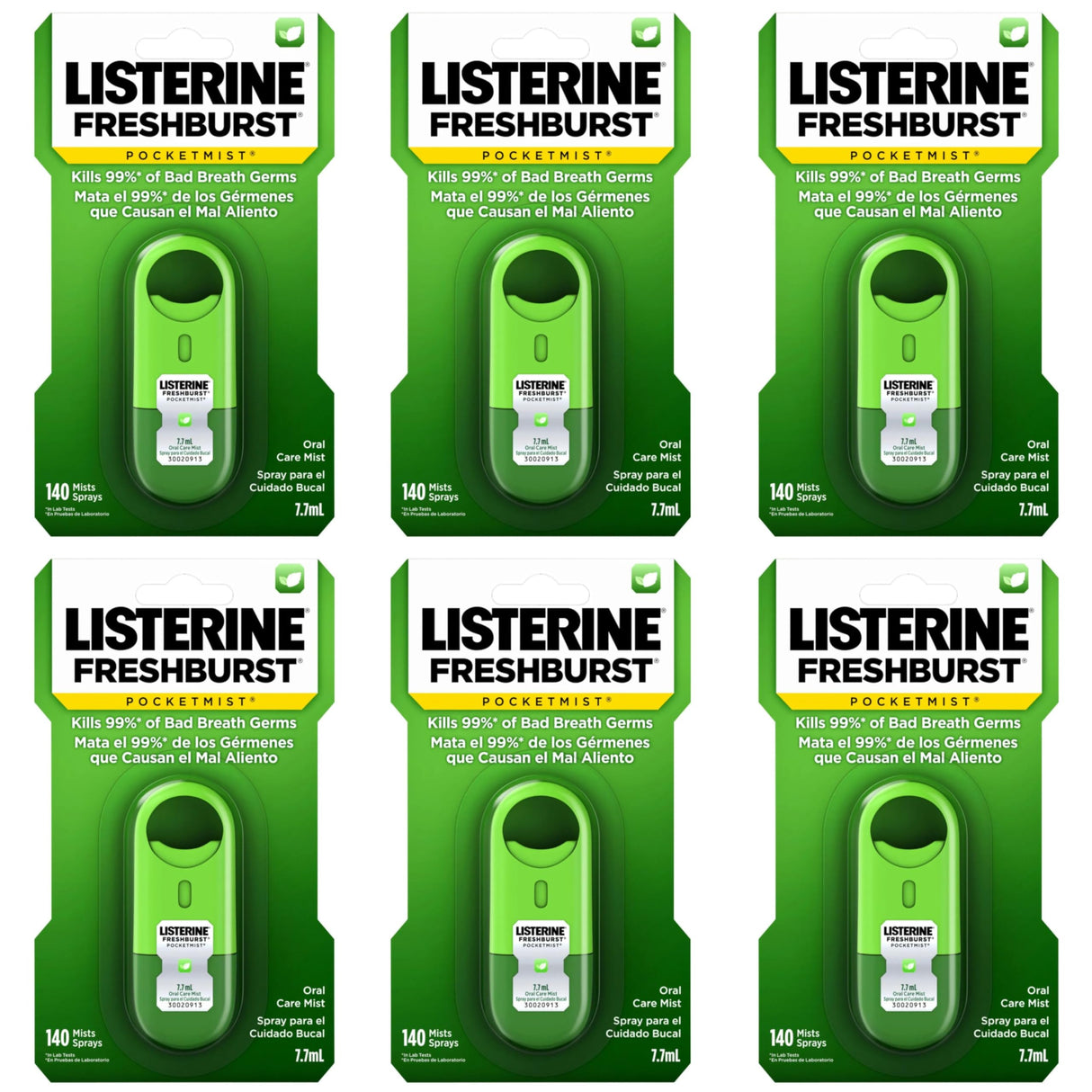 Listerine Freshburst Pocketmist Fresh Breath Oral Care Mist, Non-Aerosol Sugar-Free Minty Breath Refresher Spray to Kill 99% of Bad Breath Germs, Portable, Spearmint Flavor, 7.7 mL, 6 Sprays