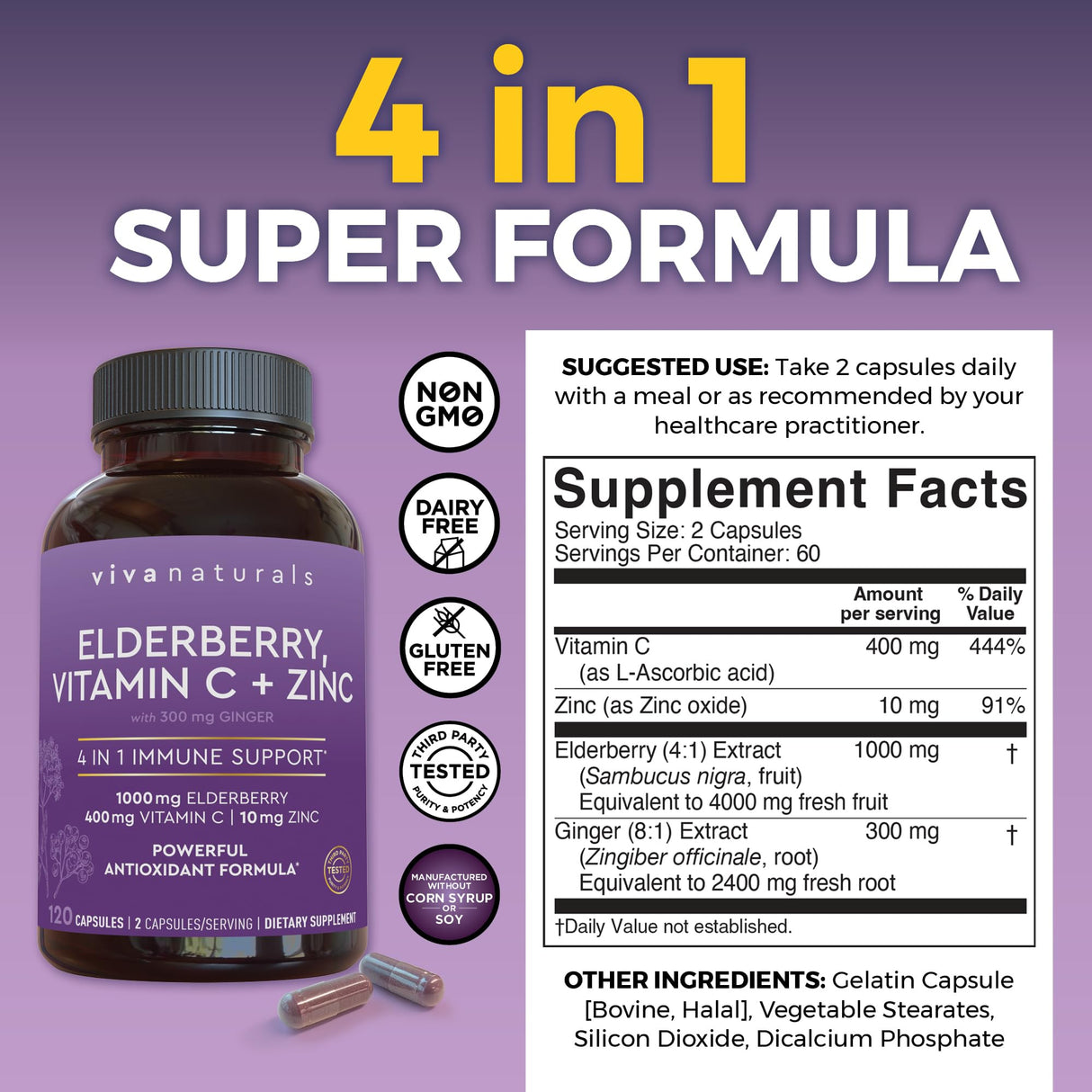 Viva Naturals Elderberry with Vitamin C and Zinc (120 Capsules) - 1000mg Sambucus Elderberry Immune Support Supplement, Black Elderberry Capsules for Adults, Elderberry Vitamins - 2 Months Supply