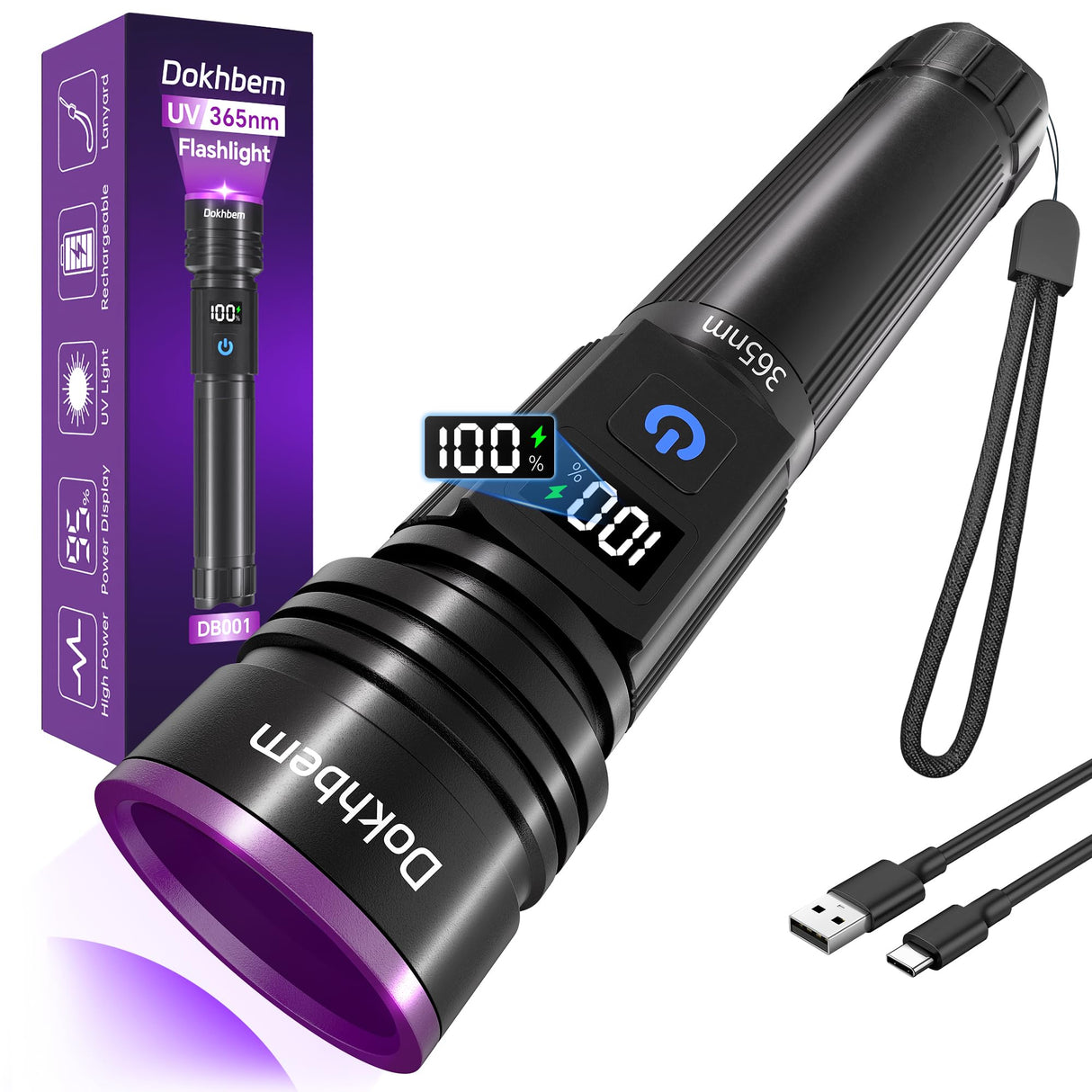 Dokhbem 365nm UV Flashlight Rechargeable, Black Light Flashlight with LCD Display, Powerful Ultraviolet Lights for Pet Urine Detection, Resin Curing, Rockhounding, Scorpion, Uranium Glass, A/C Leak