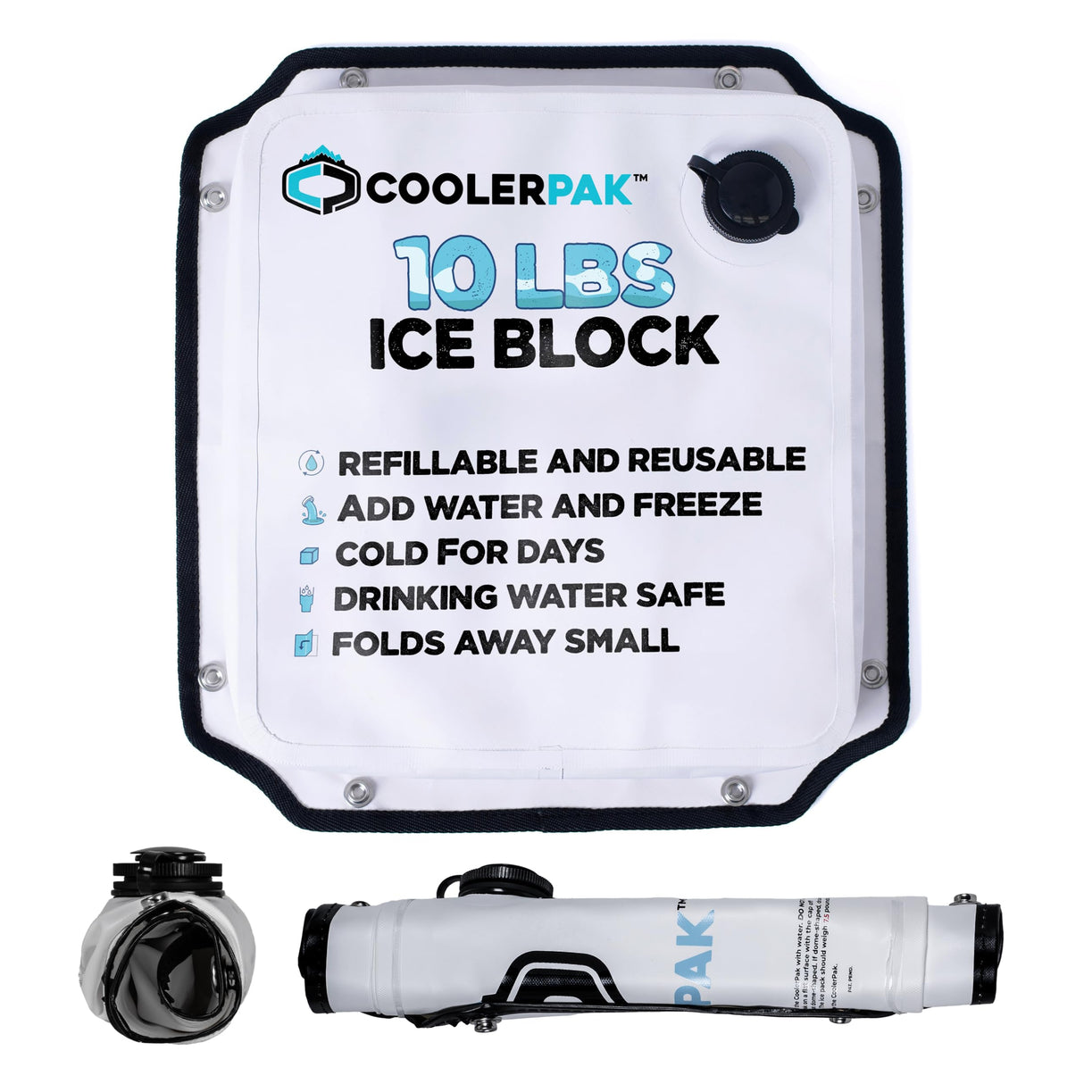 CoolerPak 10lb Refillable Reusable Ice Pack - Stainless Snaps - Cold for Days - Non-Toxic, Leakproof, Suitable for Potable Drinking Water & Cold Plunge - Built Tough, Roll Up for Easy Storage