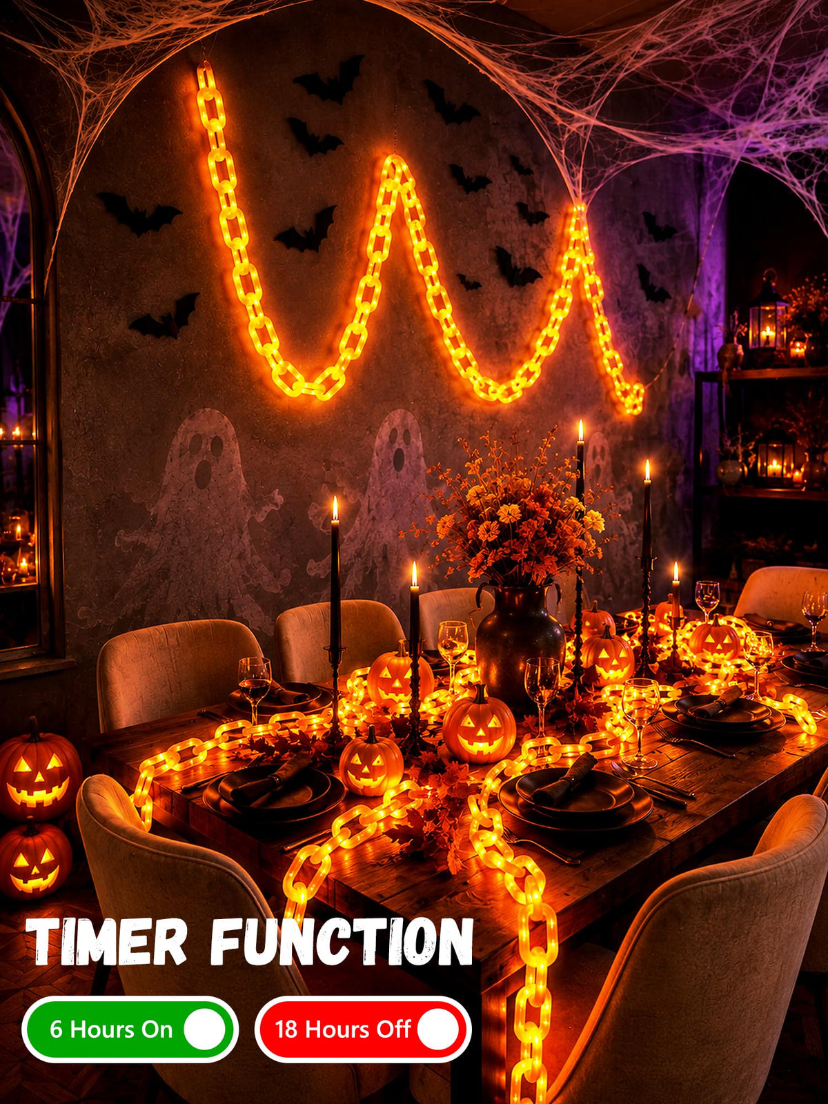 Battery Halloween Chain Lights 10 FT 160 LED Orange Light-Up Plastic Timer