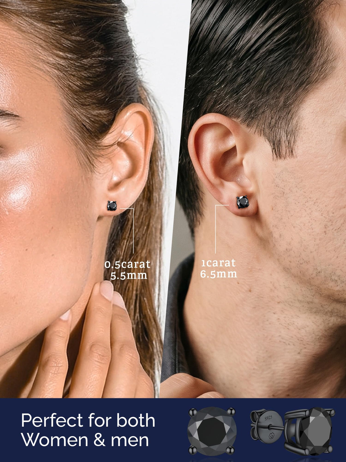 MomentWish Black Stud Earrings for Men 1Carat D Color VVS1 Moissanite Earrings for Men Black Diamond Earring 925 Sterling Silver Mens Jewelry