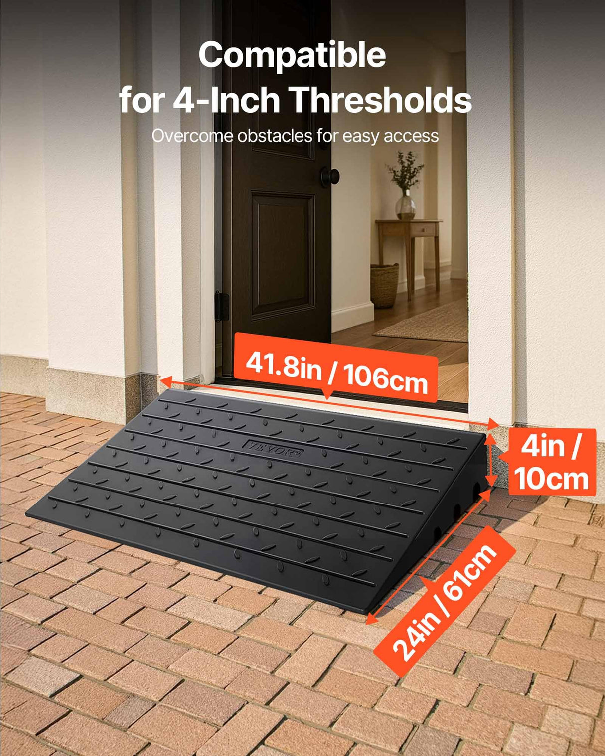 VEVOR Rubber Threshold Ramp for Doorway 4" Rise, 3 Channels Cord Cover Curb Ramp, Angled Entry Rated 2200 Lbs Load Capacity Rubber Ramp for Wheelchair and Scooter