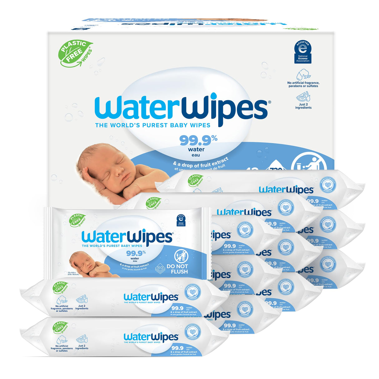 WaterWipes Plastic-Free Original Baby Wipes, 99.9% Water Based Wipes, Unscented & Hypoallergenic for Sensitive Skin, 1080 Count (18 packs)