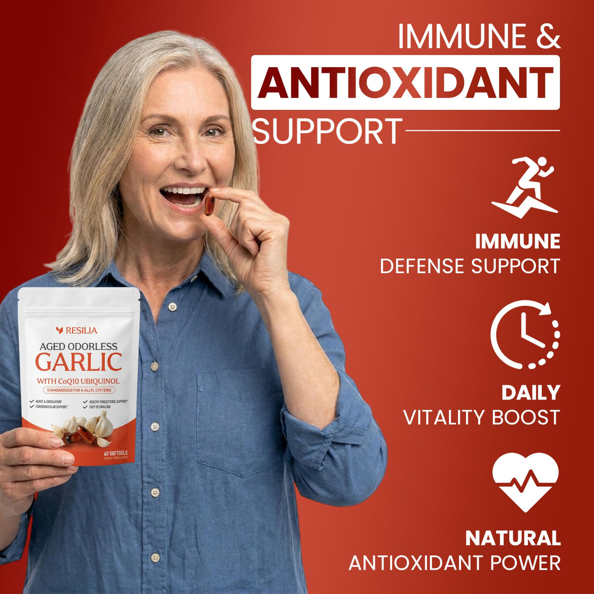Resilia Garlic Extract 600mg Softgels (60 Count) – Odorless Aged Garlic Extract Supplement with CoQ10 Ubiquinol – 20-Month Matured, Standardized for S-Allyl Cysteine - Heart Health & Immune Support