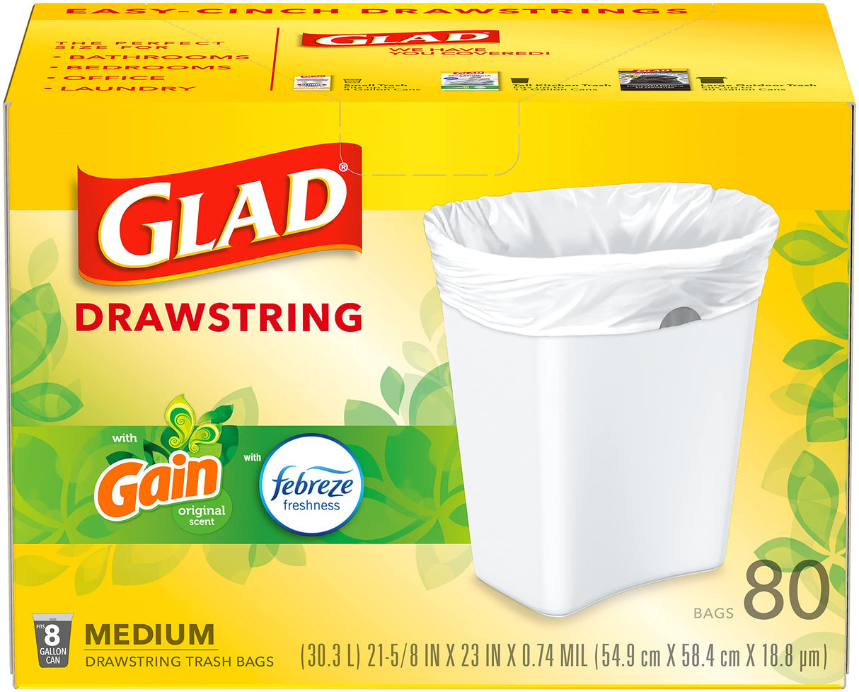 Glad Medium Drawstring Trash Bags, 8 Gal, Gain Original with Febreze, 80 Ct (Package May Vary)