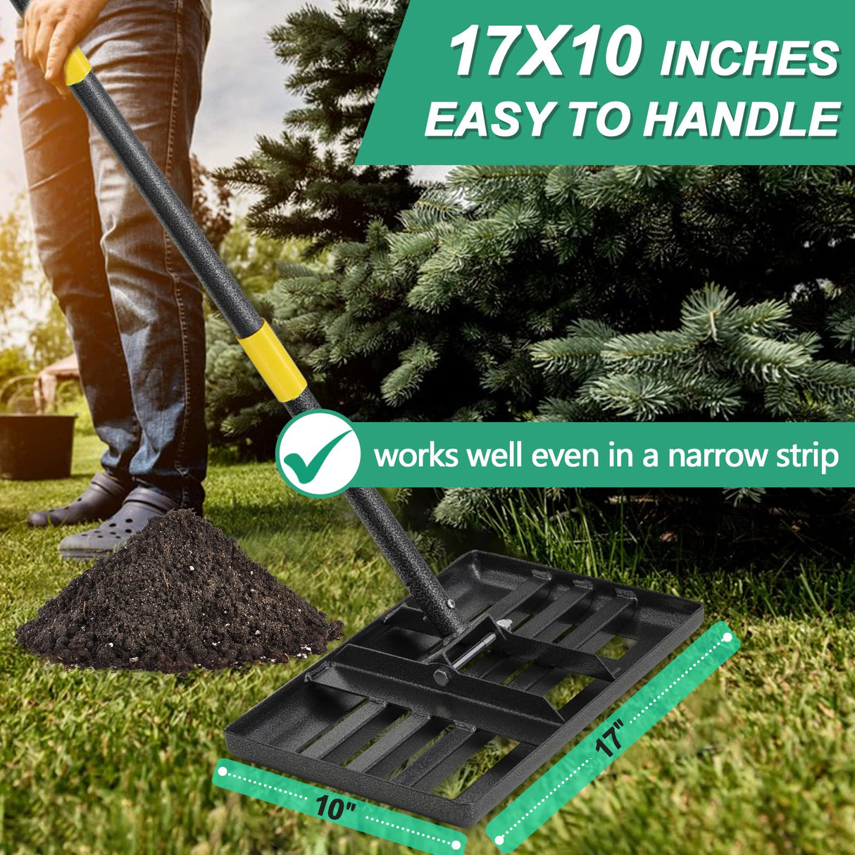 Lawn Leveling Rake, 17x10 Heavy Duty Lawn Leveler with Adjustable Handle Dirt Ground Level Tool for Yard Garden (60 Inch)