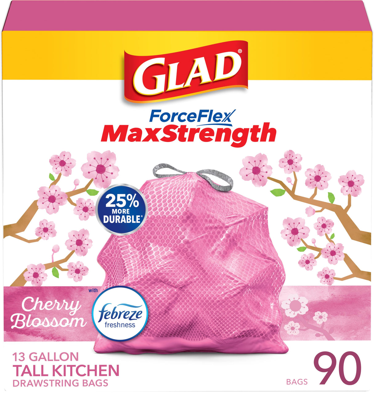 Glad Tall Kitchen Trash Bags 13 Gallon, MaxStrength Cherry Blossom Garbage Bags, Drawstring, 90 Count
