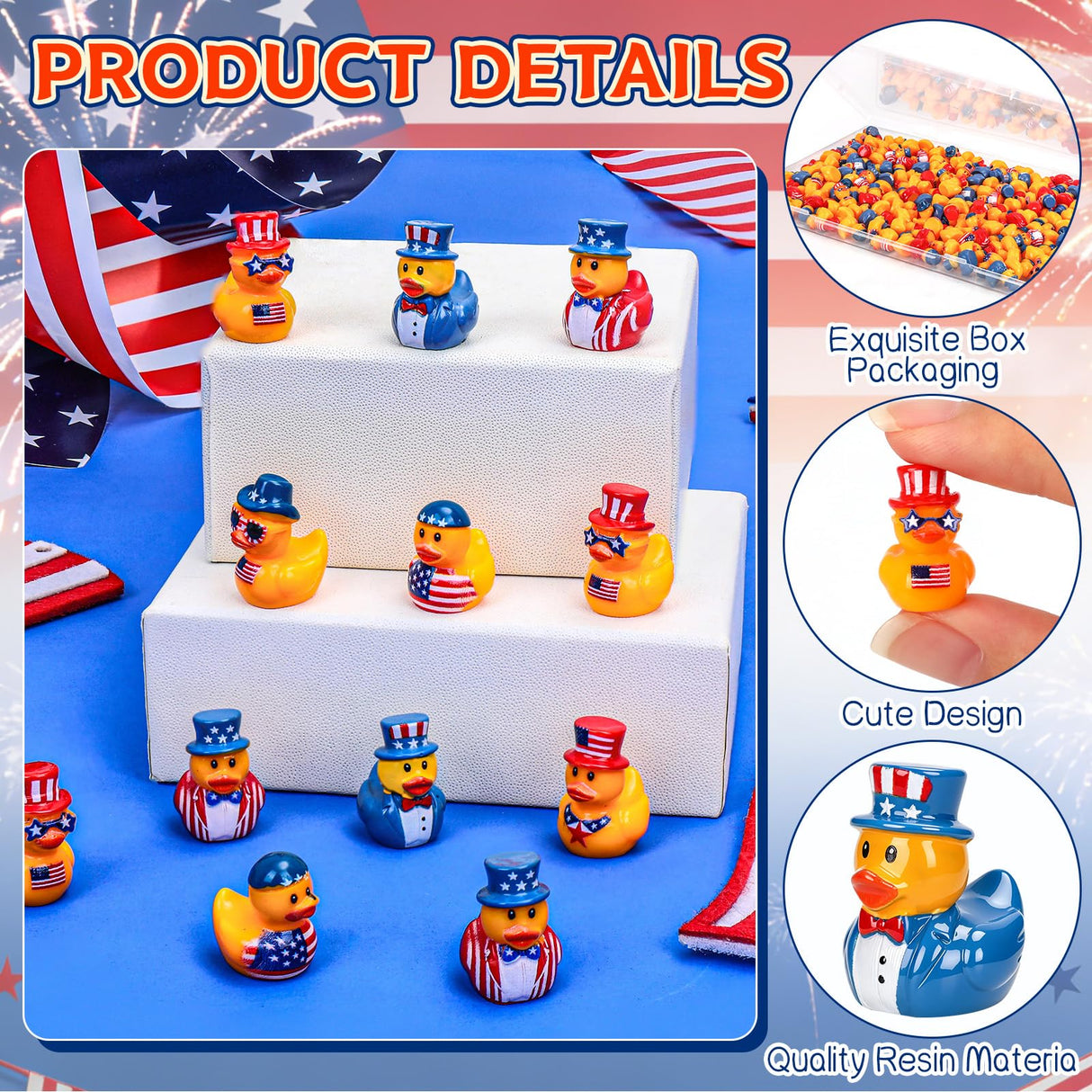 120 Pcs Patriotic Mini Resin Ducks 6 Style Bulk Tiny Duck Figurines 250th Anniversary Independence Day Decorations 4th of July Patriotic Ducks for Party Favors DIY Crafts and Desk Decor