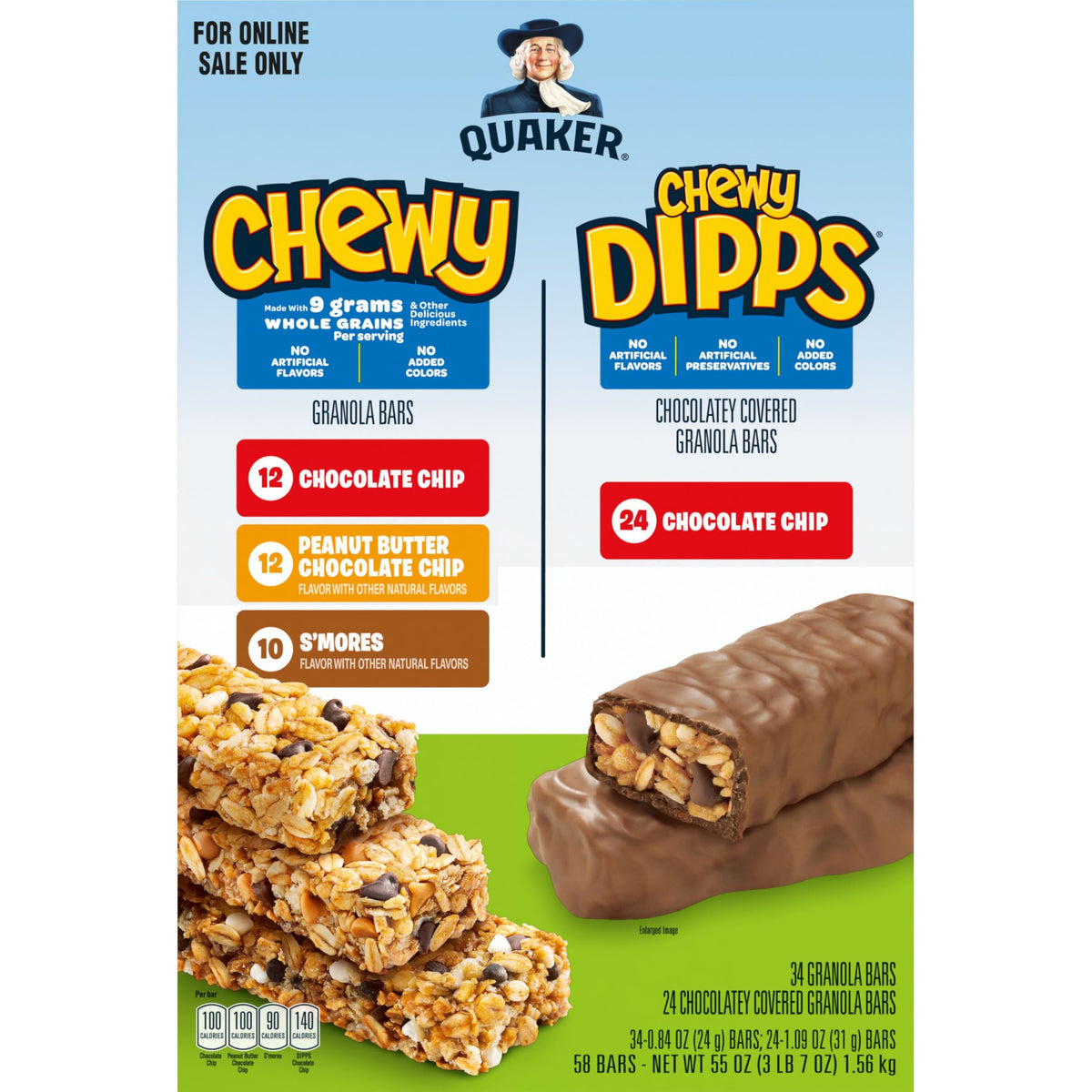 Quaker Chewy Granola Bars, Chewy & Dipps Variety Pack, (58 Bars), Whole Grains, No Artificial Flavors, No Added Colors