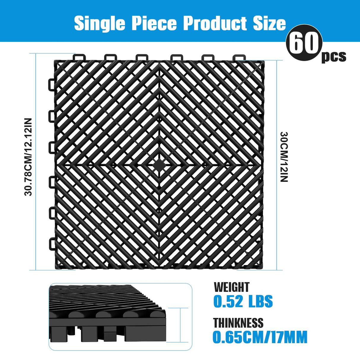 Jocoevol 60-Pcs Interlocking Tile, 12" x 12" Indoor/Outdoor Self-Drainage Interlocking Floor Tiles, Non-Slip Heavy-Duty Polypropylene Splicing Flooring Tile for Garage Patio Pool Bathroom, Black