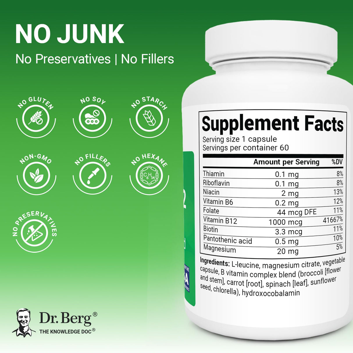 Dr. Berg Natural Vitamin B12 1000 mcg (Hydroxocobalamin) 60 Capsules β Energy, Brain & Nervous System Support* β w/B-Complex + Magnesium β 4X Lab Tested, GMO-Free, No Fillers