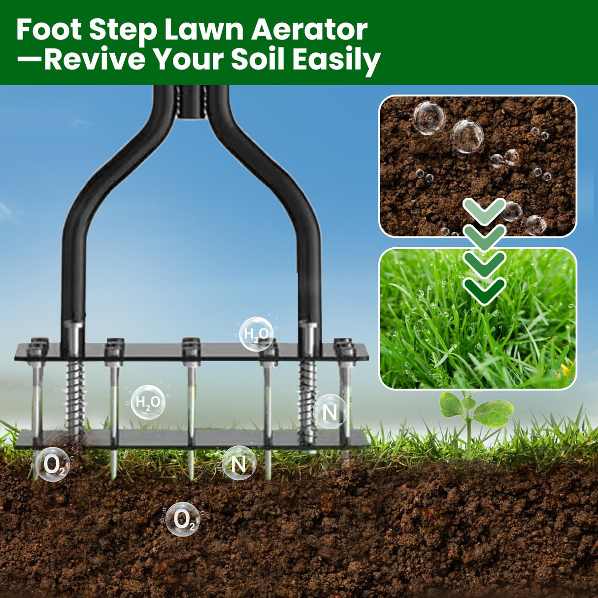 Lawn Aerator Tool,Adjustable Height with 15 Iron Spikes,Double-Layer Spring