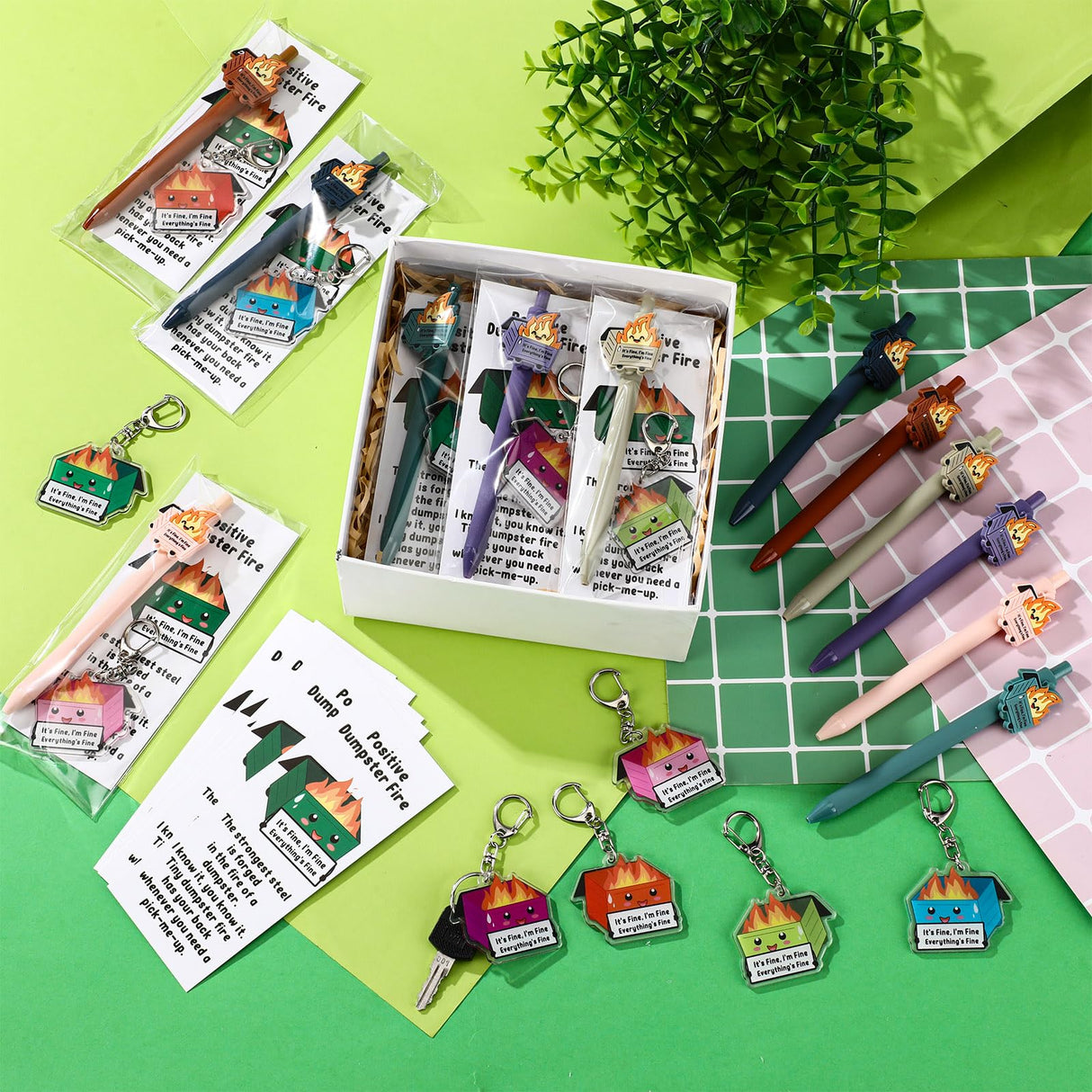 Sayglossy 36 Sets Dumpster Fire Gifts Christmas Funny Ballpoint Pens Acrylic Keychains and Bookmarks Employee Emotional Support Appreciation Gifts Bulk for Office Coworkers Staff Team