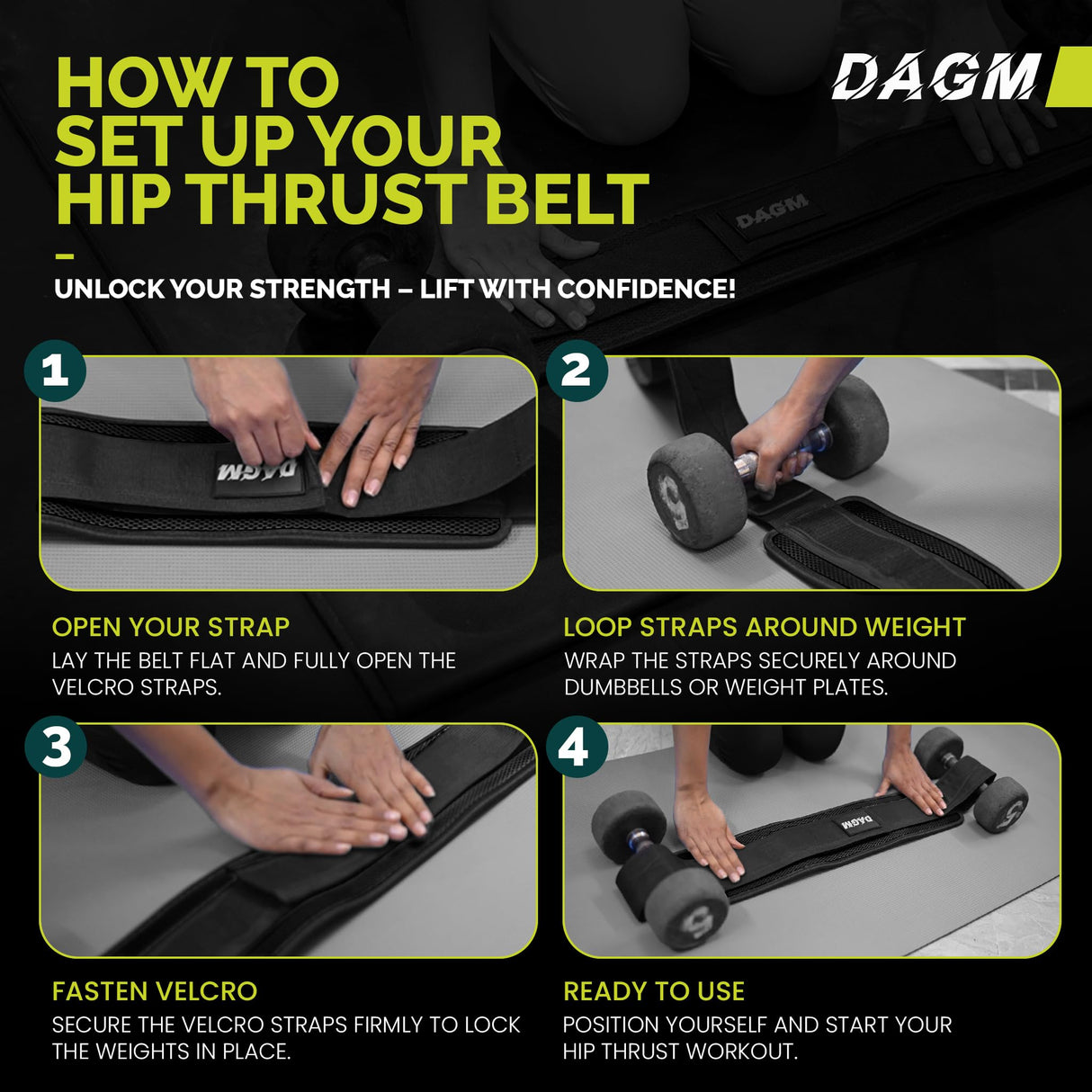 DAGM Hip Thrust Belt for Dumbbells heavy, Secure Glute Trainer with Non-Slip Extra Padding That Protects Your Hips - Ideal for Gym & Home Workouts - Use with Heavy Duty Kettlebells, Dumbbells, & Plates Hold up to 500 lbs
