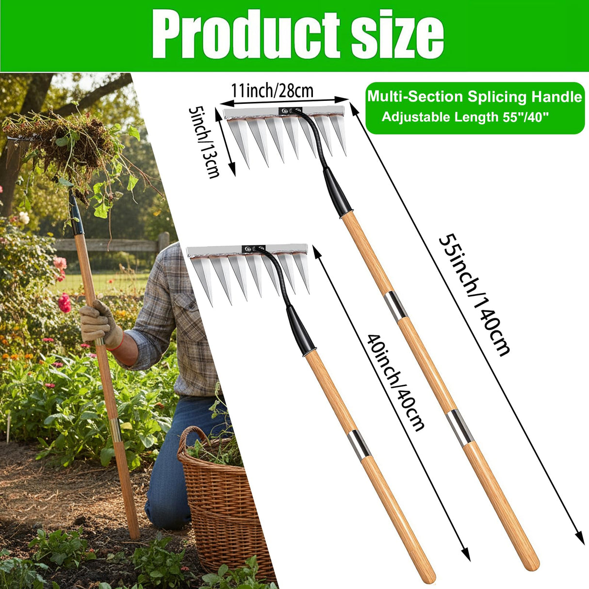 Garden Weeding Rake, Heavy Duty Iron Weeding Rake Gardening Tool with 55 Inch Long Handle, All-Steel Hardened Weed Puller Tool, Manual Garden Weed Rake Tool for Yard, Lawn Loosening Planting Weeding