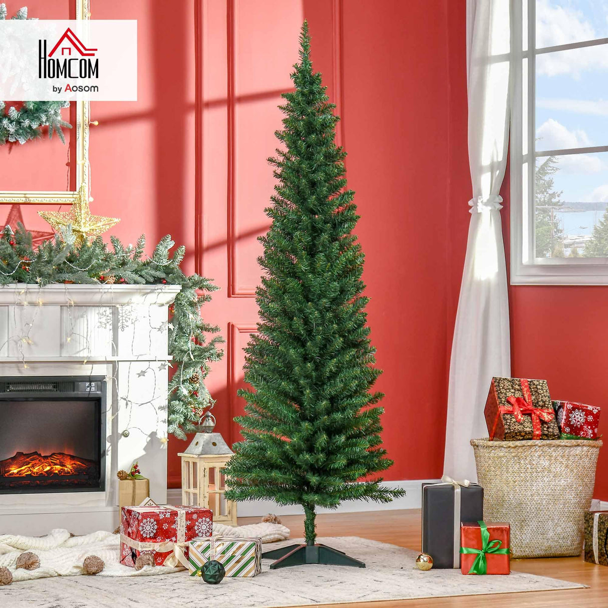 HOMCOM 6' Artificial Pencil Christmas Tree, Slim Xmas Tree with 390 Realistic Branch Tips and Plastic Stand, Green