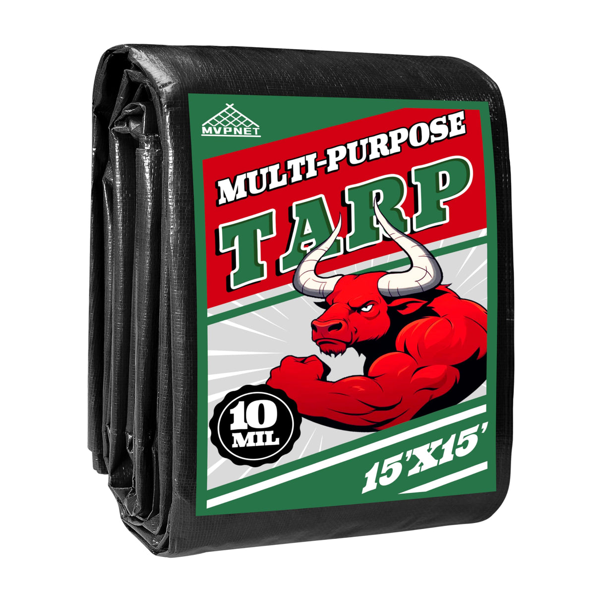 Tarp 15x15 ft Heavy Duty 100% Waterproof 10mil,UV Resistant,Durable Grommets and Reinforced Edges Green/Black Tarp for Camping, Swimming Pools,Car Coverage -by MVPNET